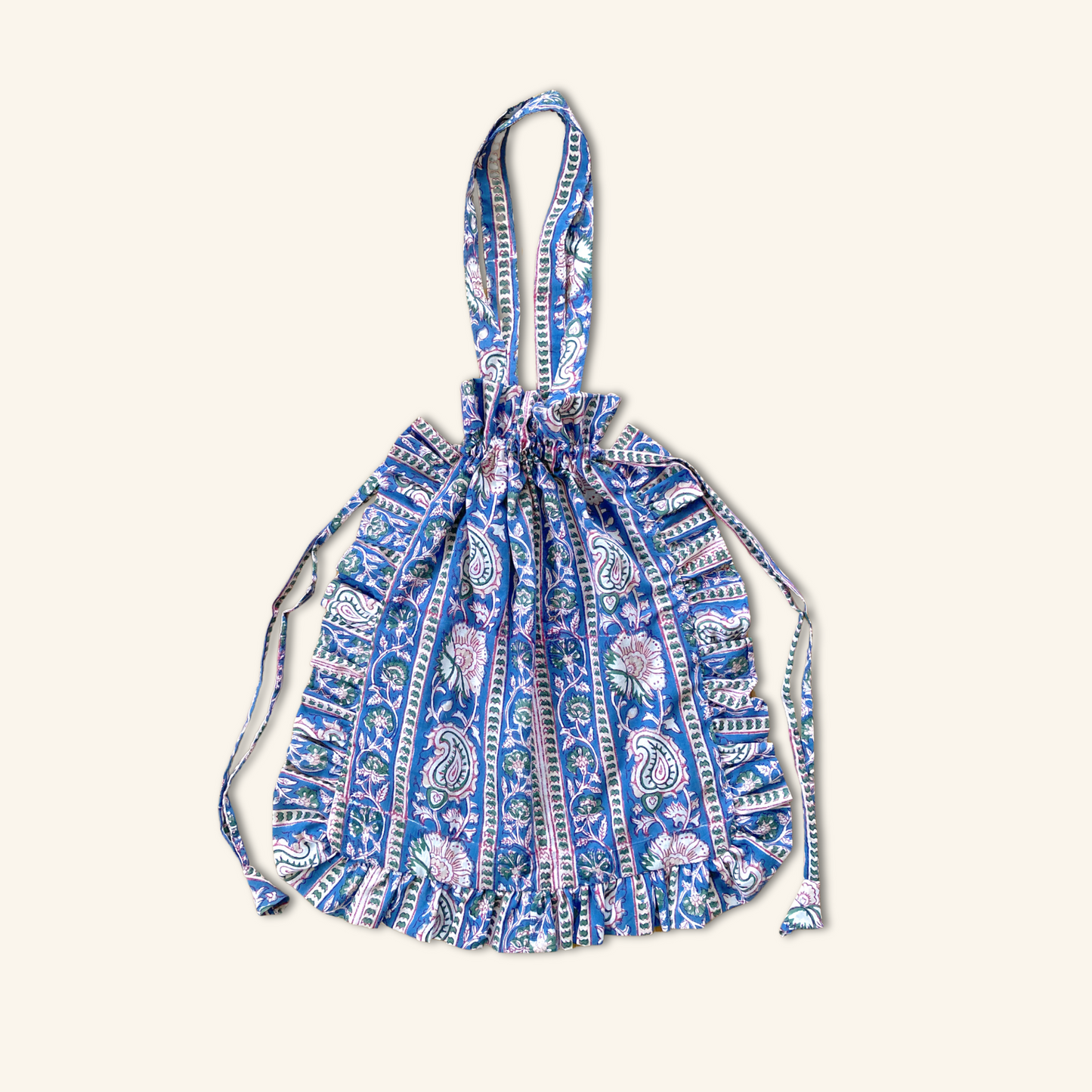 Hand Block Print Fabric Frill Tote Bag Gray / Blue