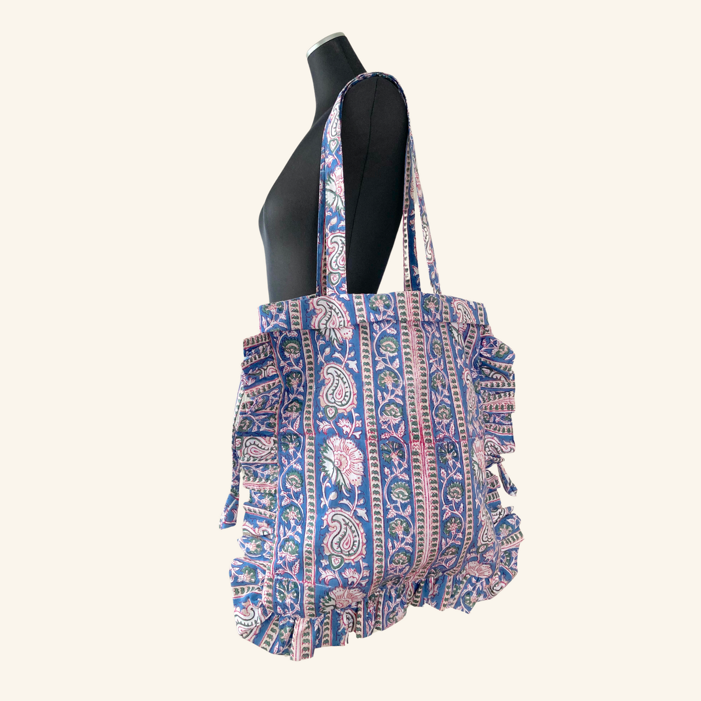 Hand Block Print Fabric Frill Tote Bag Gray / Blue