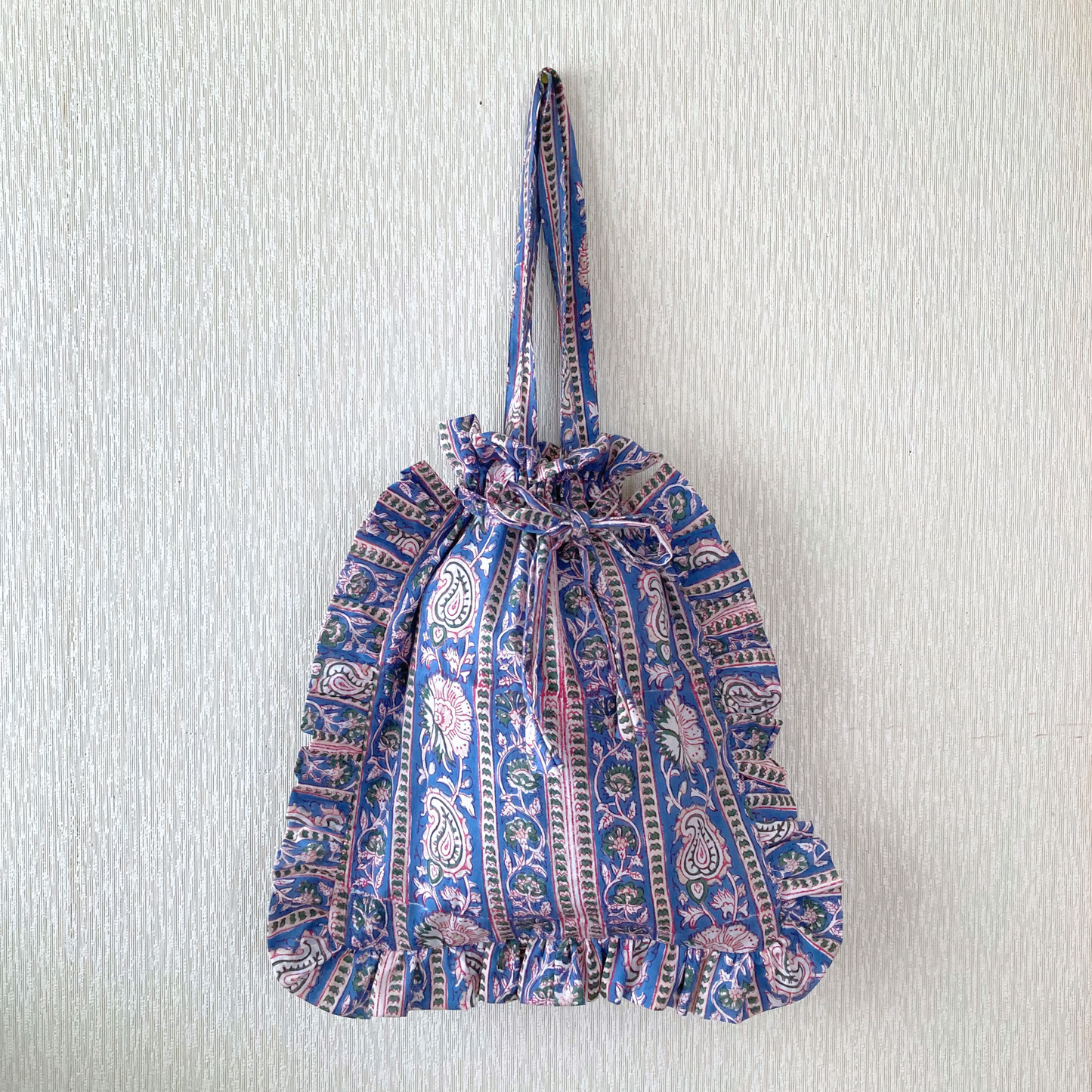 Hand Block Print Fabric Frill Tote Bag Gray / Blue