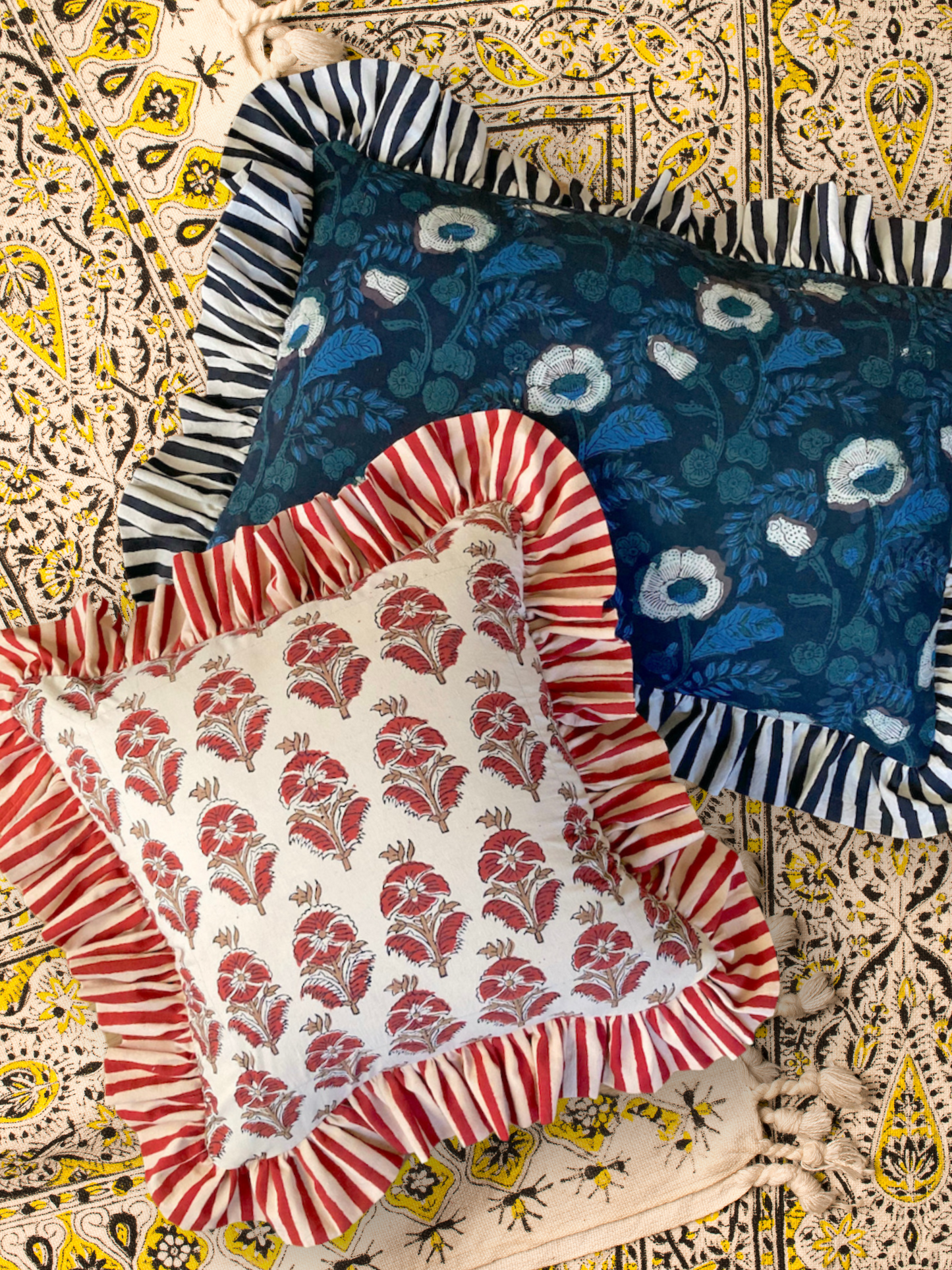 Hand Block Bagru Print Ruffle Pillow Case / Cushion Cover