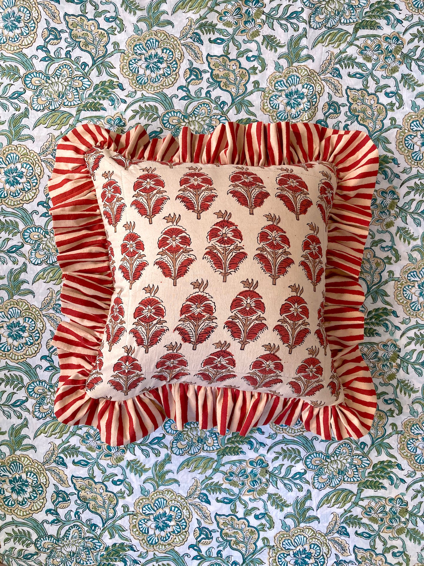 Hand Block Bagru Print Ruffle Pillow Case / Cushion Cover