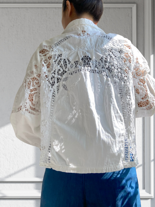Upcycled Vintage Cotton Battenberg Lace Textile Button-Up Shirt