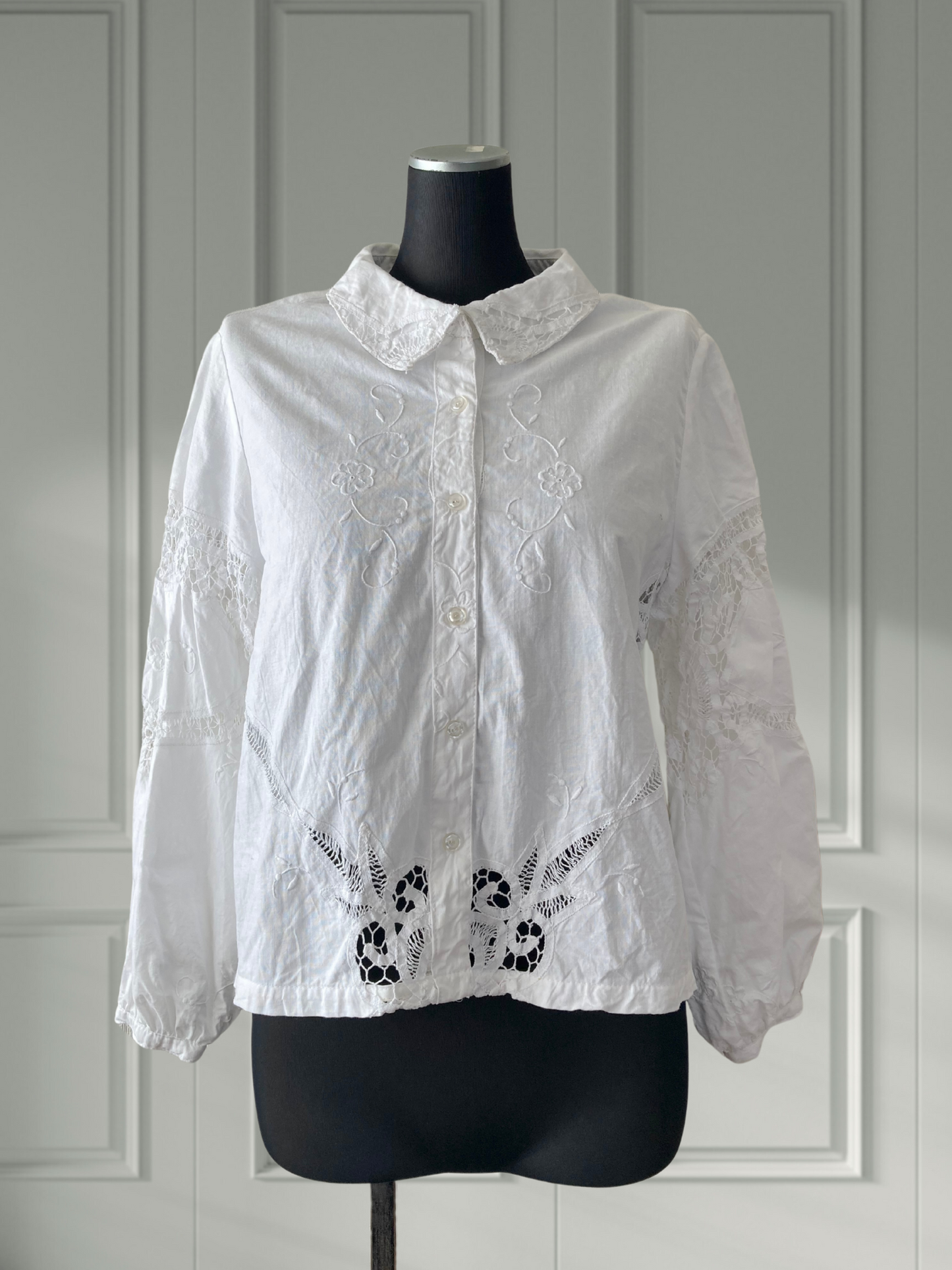 Upcycled Vintage Cotton Battenberg Lace Textile Button-Up Shirt