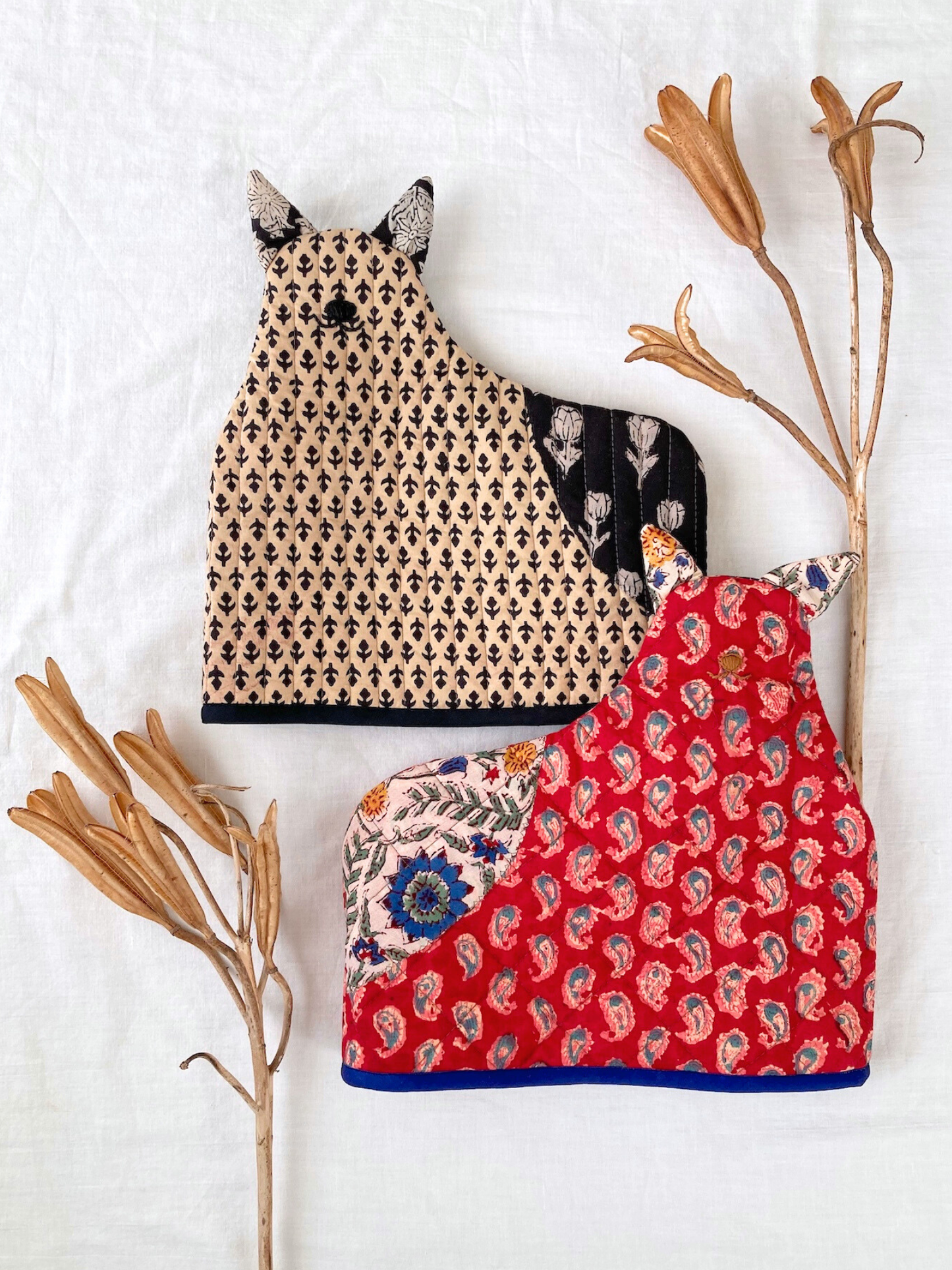 ハンドブロックプリント ネコさん ティーコージー ポットカバー