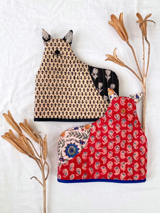 ハンドブロックプリント ネコさん ティーコージー ポットカバー