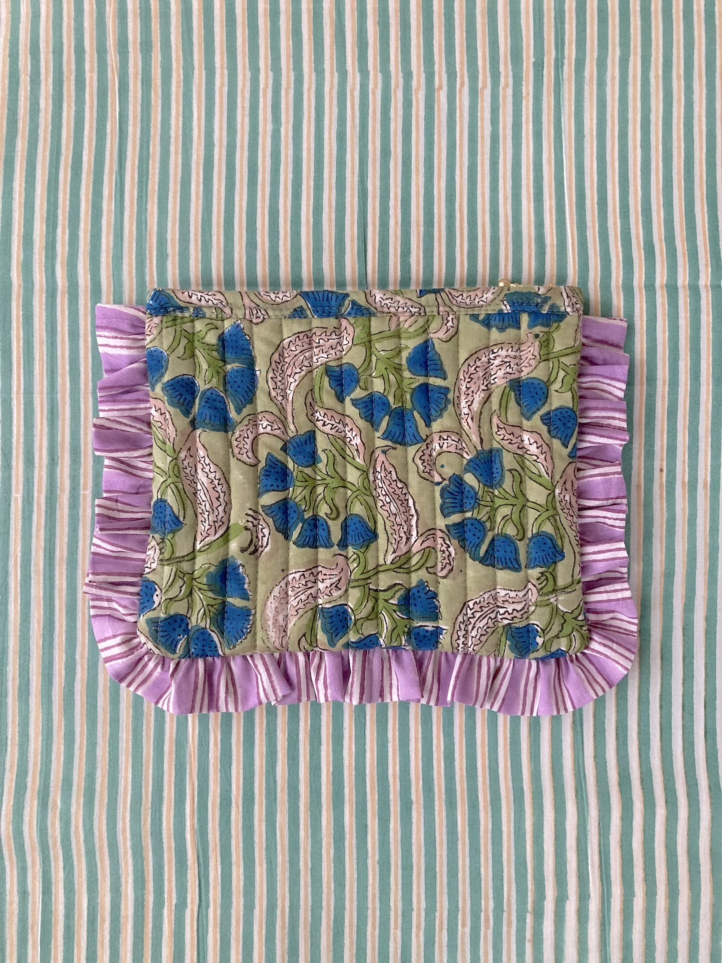 Hand Block Printed Fabric Floral Frill Zipper Cosmetic Bag / Frilled Pouch / Quilted Case