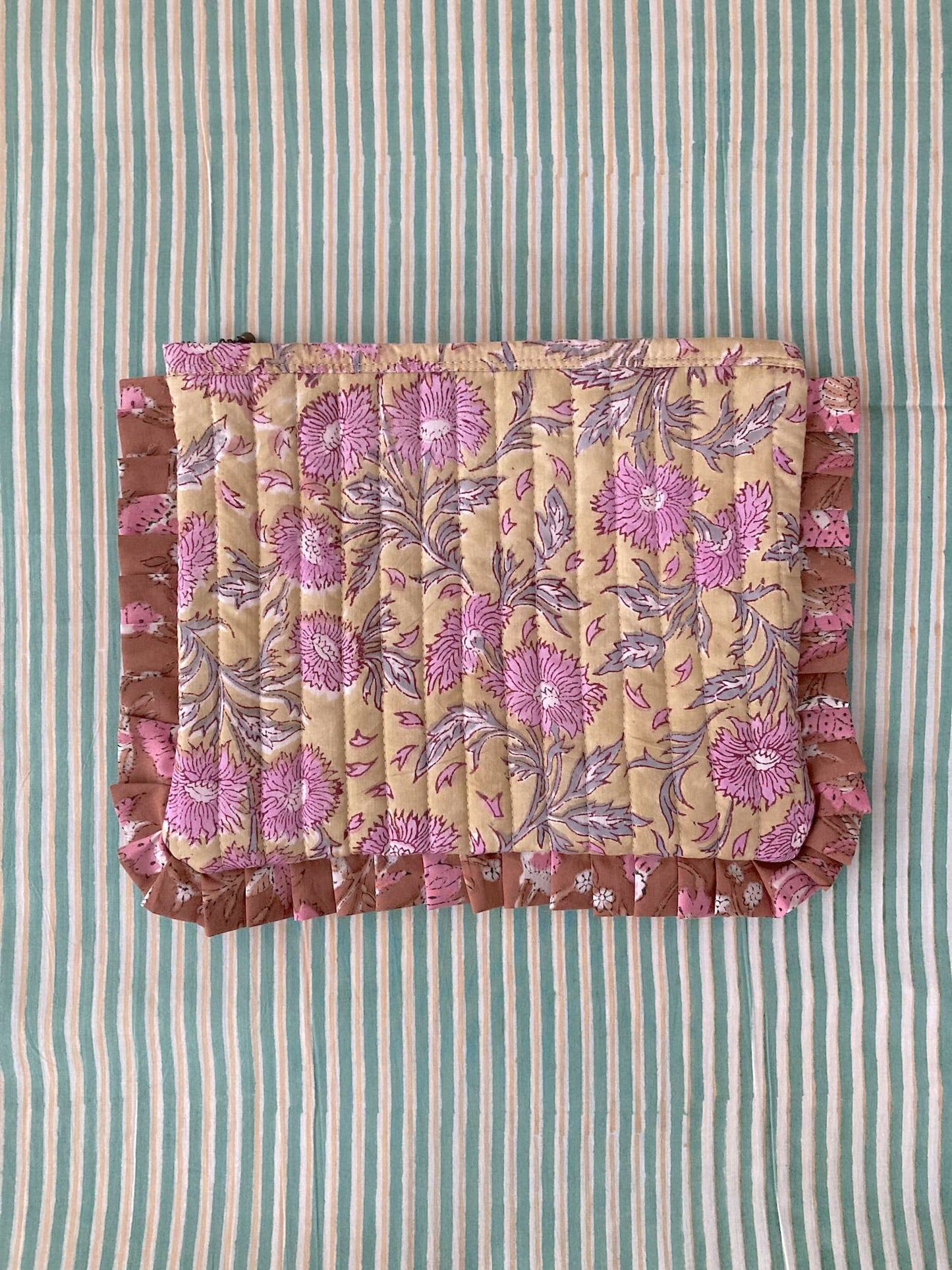 Hand Block Printed Fabric Floral Frill Zipper Cosmetic Bag / Frilled Pouch / Quilted Case