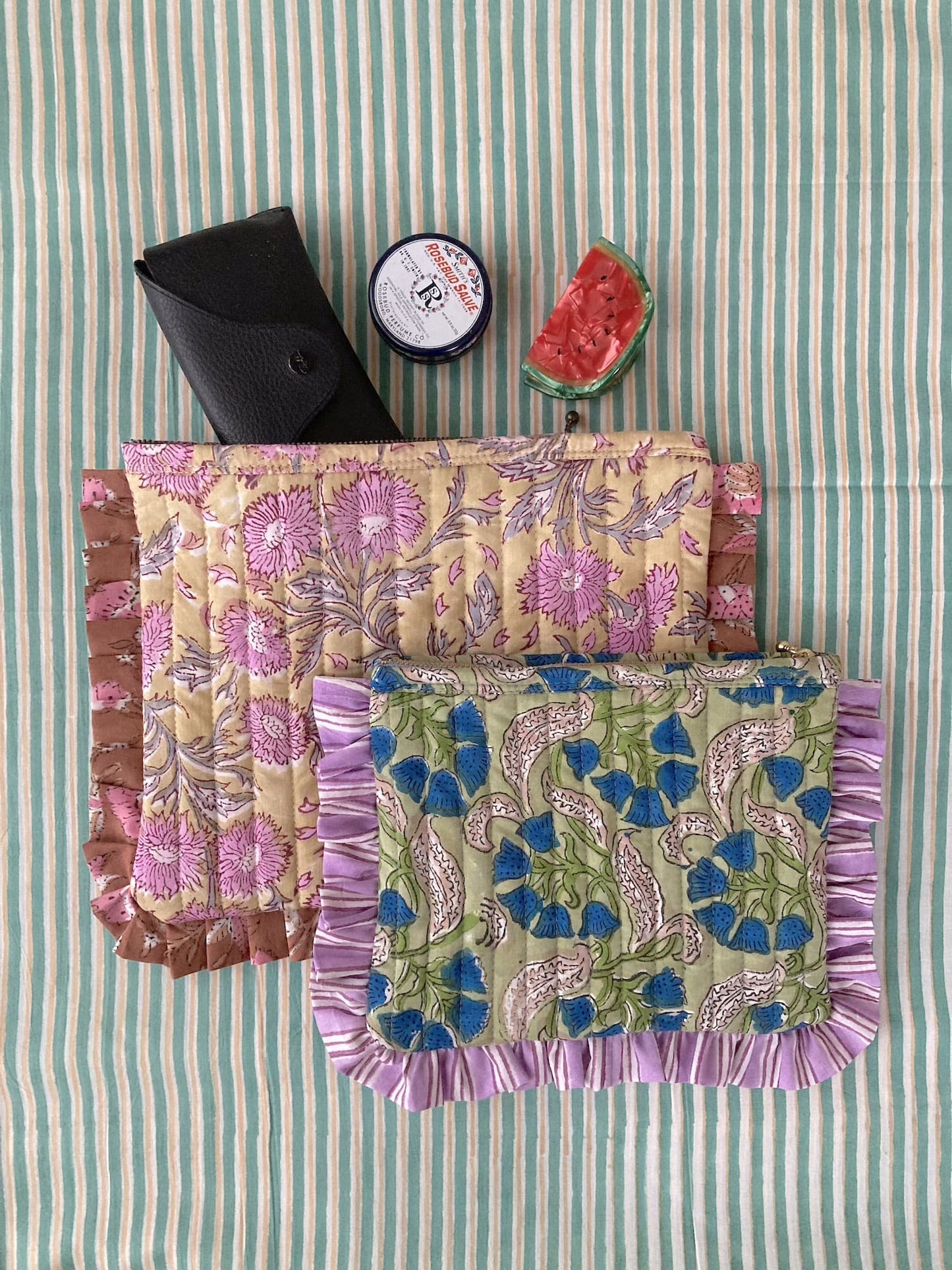 Hand Block Printed Fabric Floral Frill Zipper Cosmetic Bag / Frilled Pouch / Quilted Case