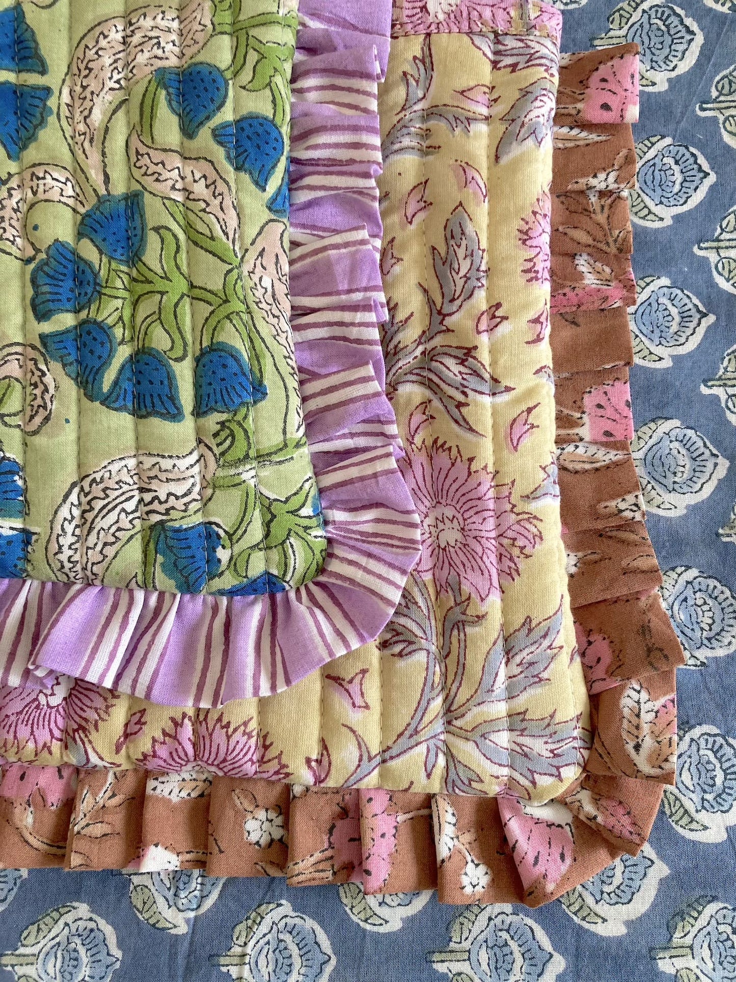 Hand Block Printed Fabric Floral Frill Zipper Cosmetic Bag / Frilled Pouch / Quilted Case