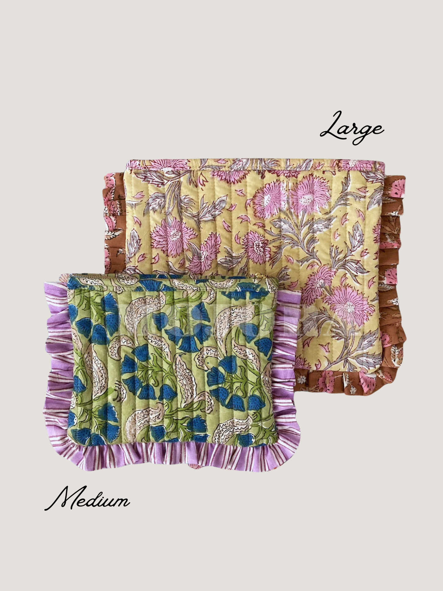 Hand Block Printed Fabric Floral Frill Zipper Cosmetic Bag / Frilled Pouch / Quilted Case