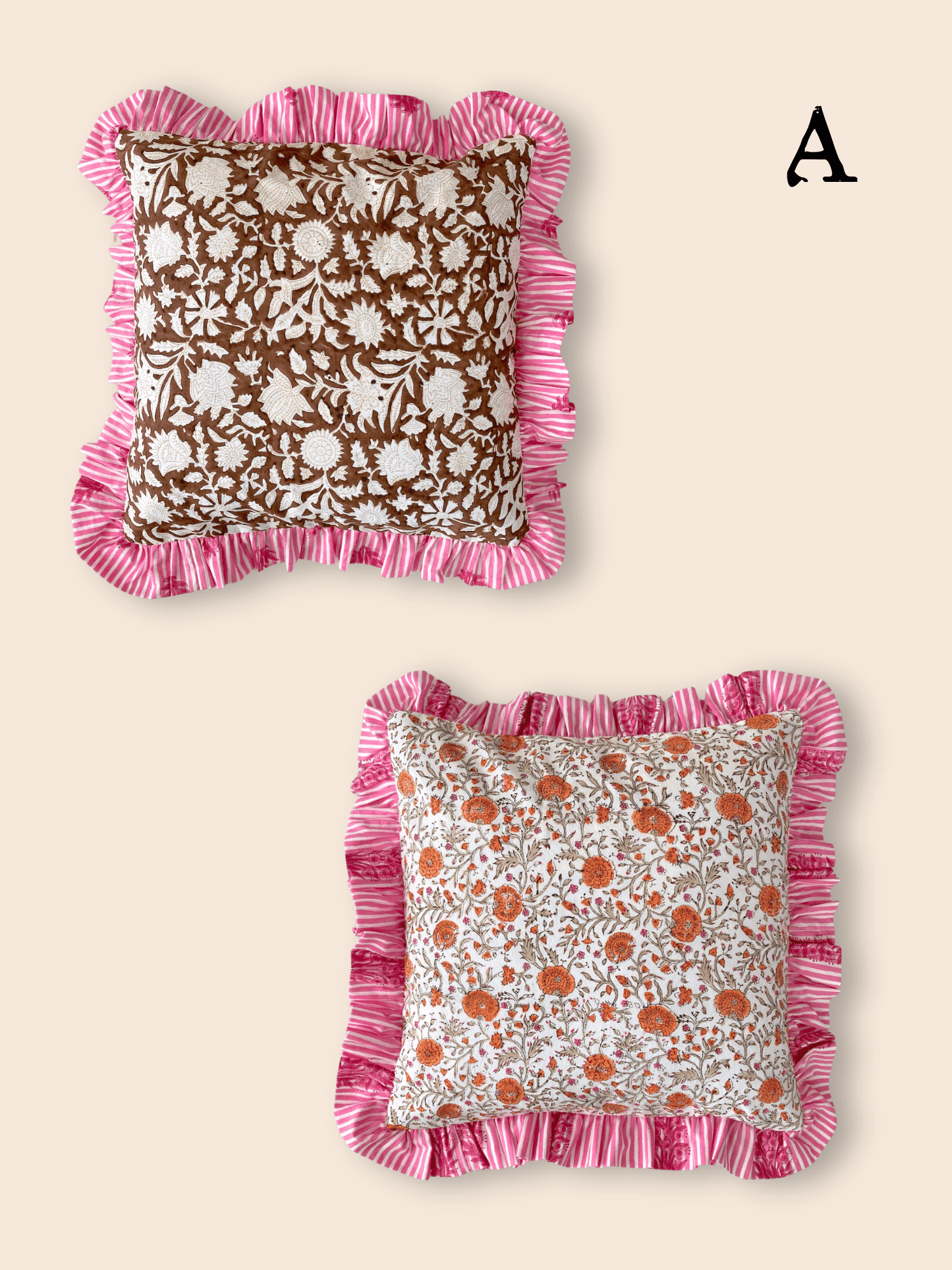 Block Print Fabric Reversible Ruffle Pillow Case/ Cushion Cover