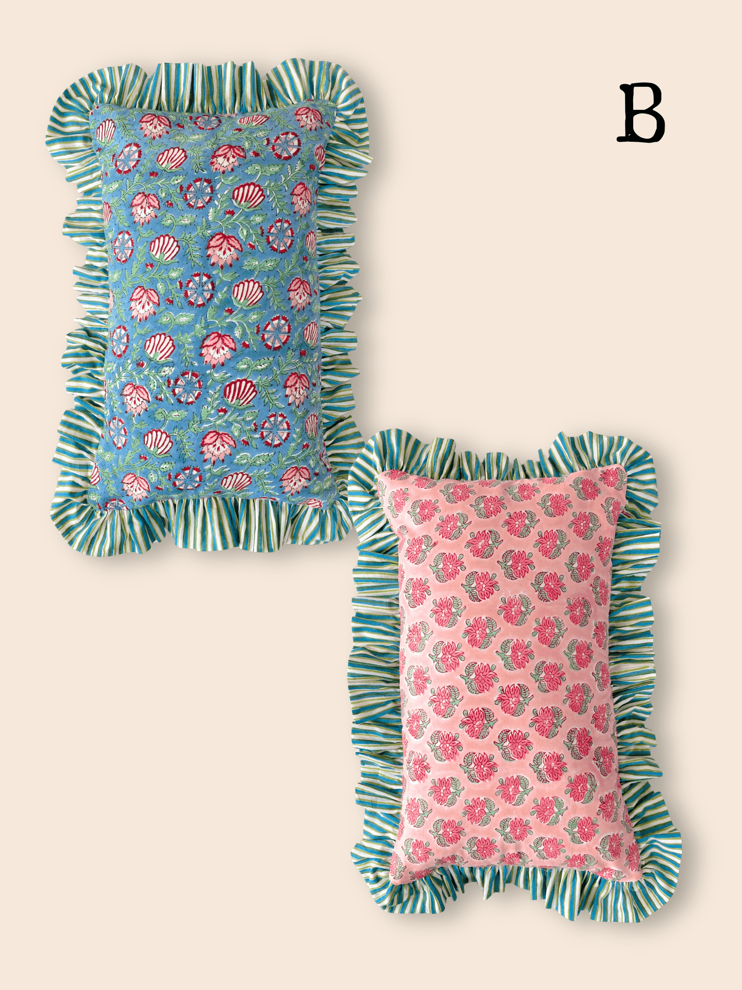 Block Print Fabric Reversible Ruffle Pillow Case/ Cushion Cover