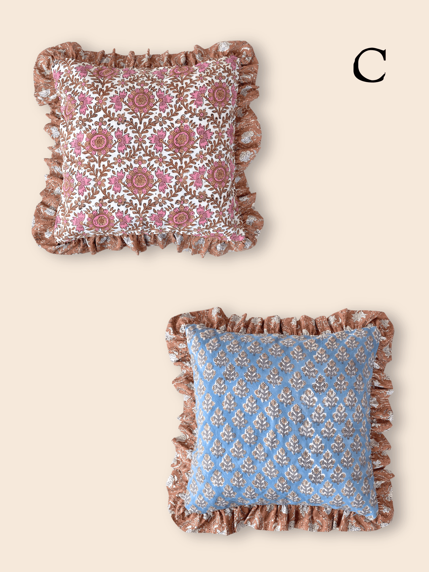 Block Print Fabric Reversible Ruffle Pillow Case/ Cushion Cover
