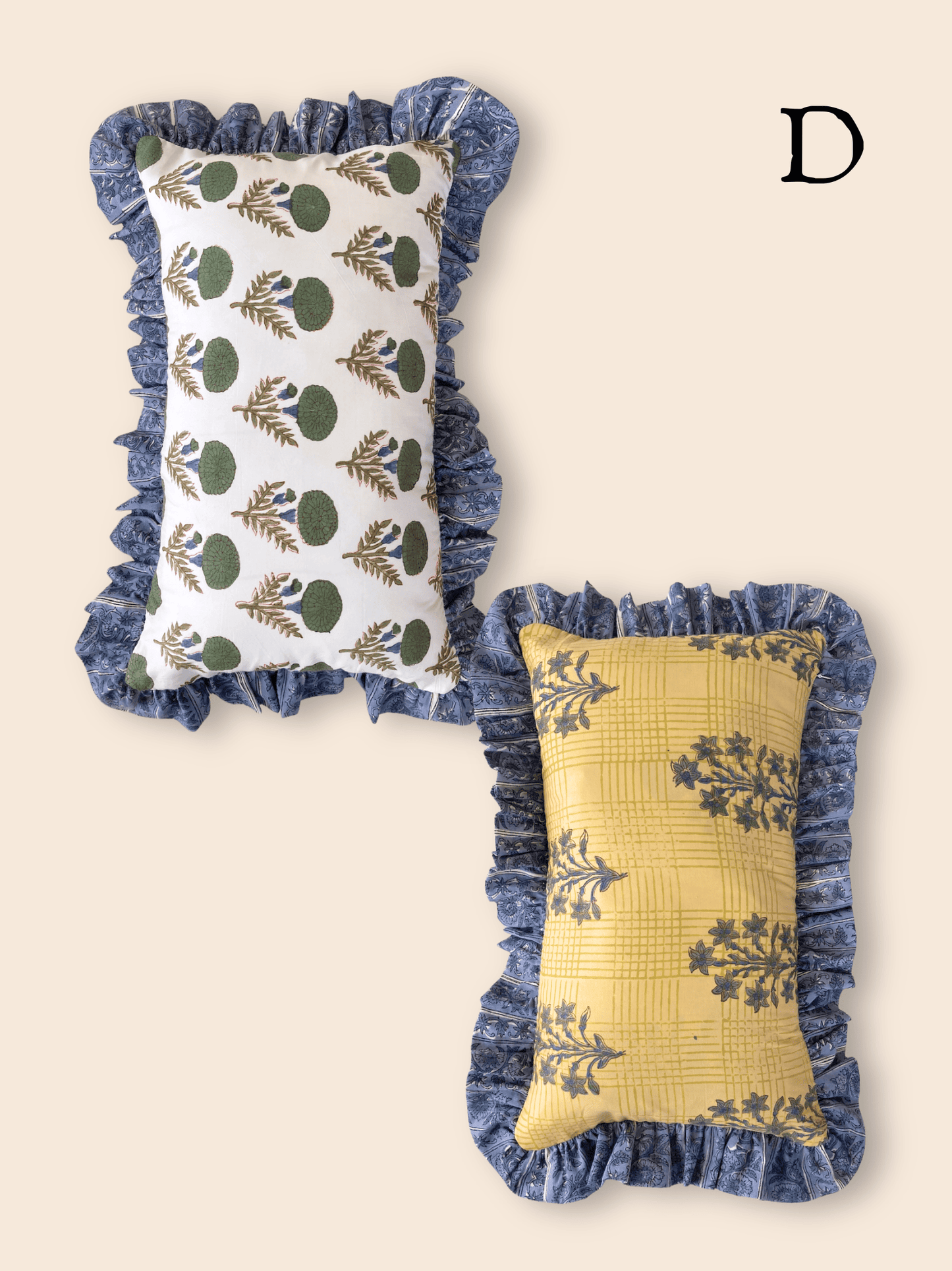 Block Print Fabric Reversible Ruffle Pillow Case/ Cushion Cover