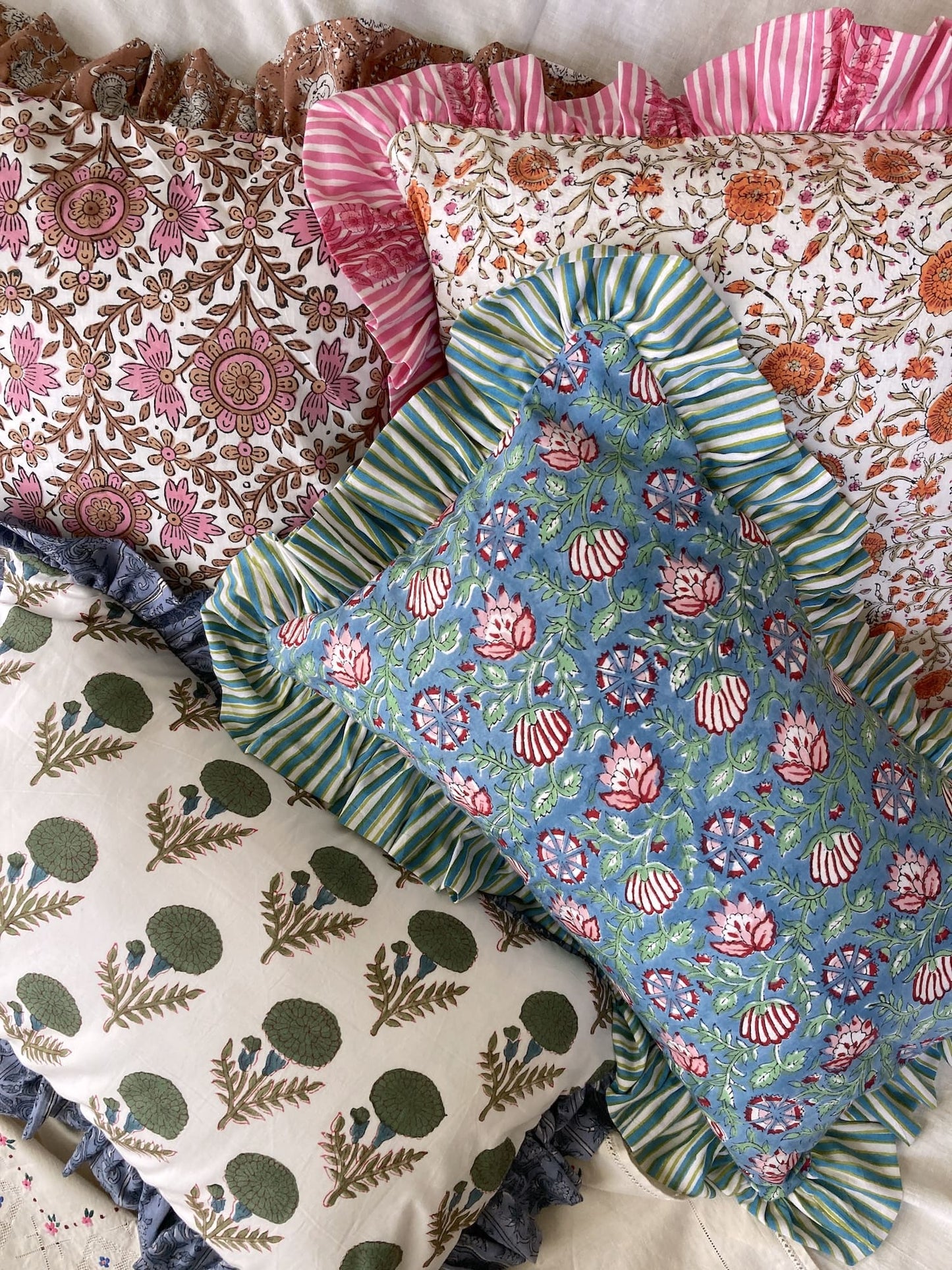 Block Print Fabric Reversible Ruffle Pillow Case/ Cushion Cover