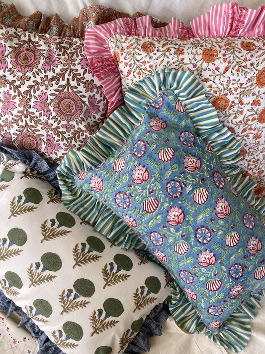 Block Print Fabric Reversible Ruffle Pillow Case/ Cushion Cover