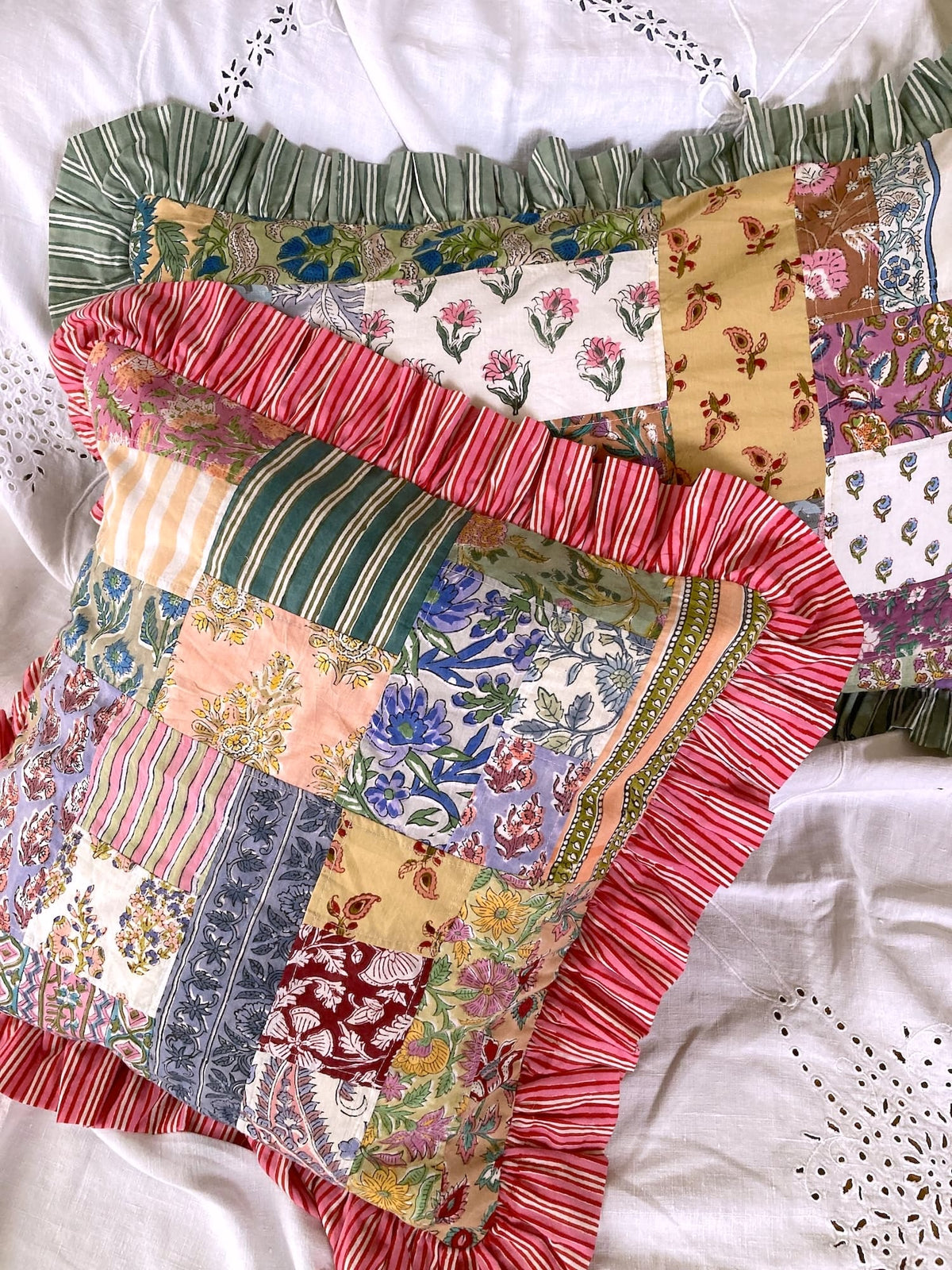 Colorful Patchwork Hand Block Print Cushion / Pillow Cover with Stripe Frills