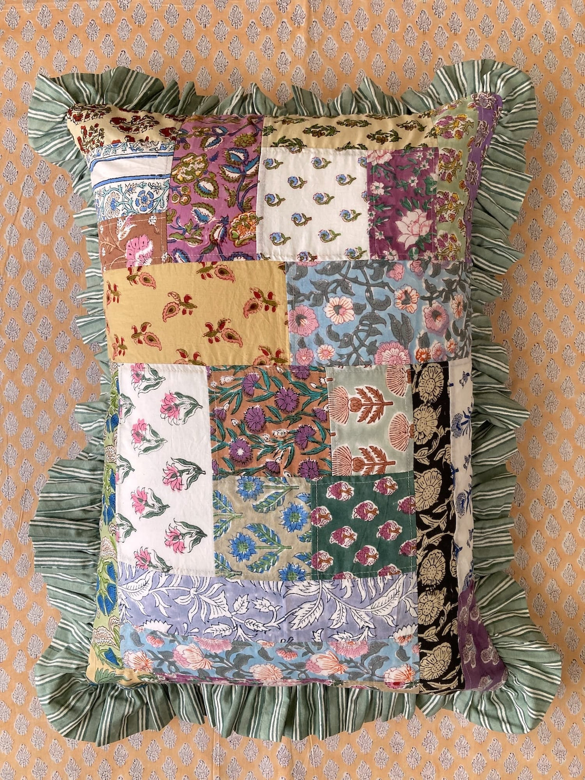 Colorful Patchwork Hand Block Print Cushion / Pillow Cover with Stripe Frills