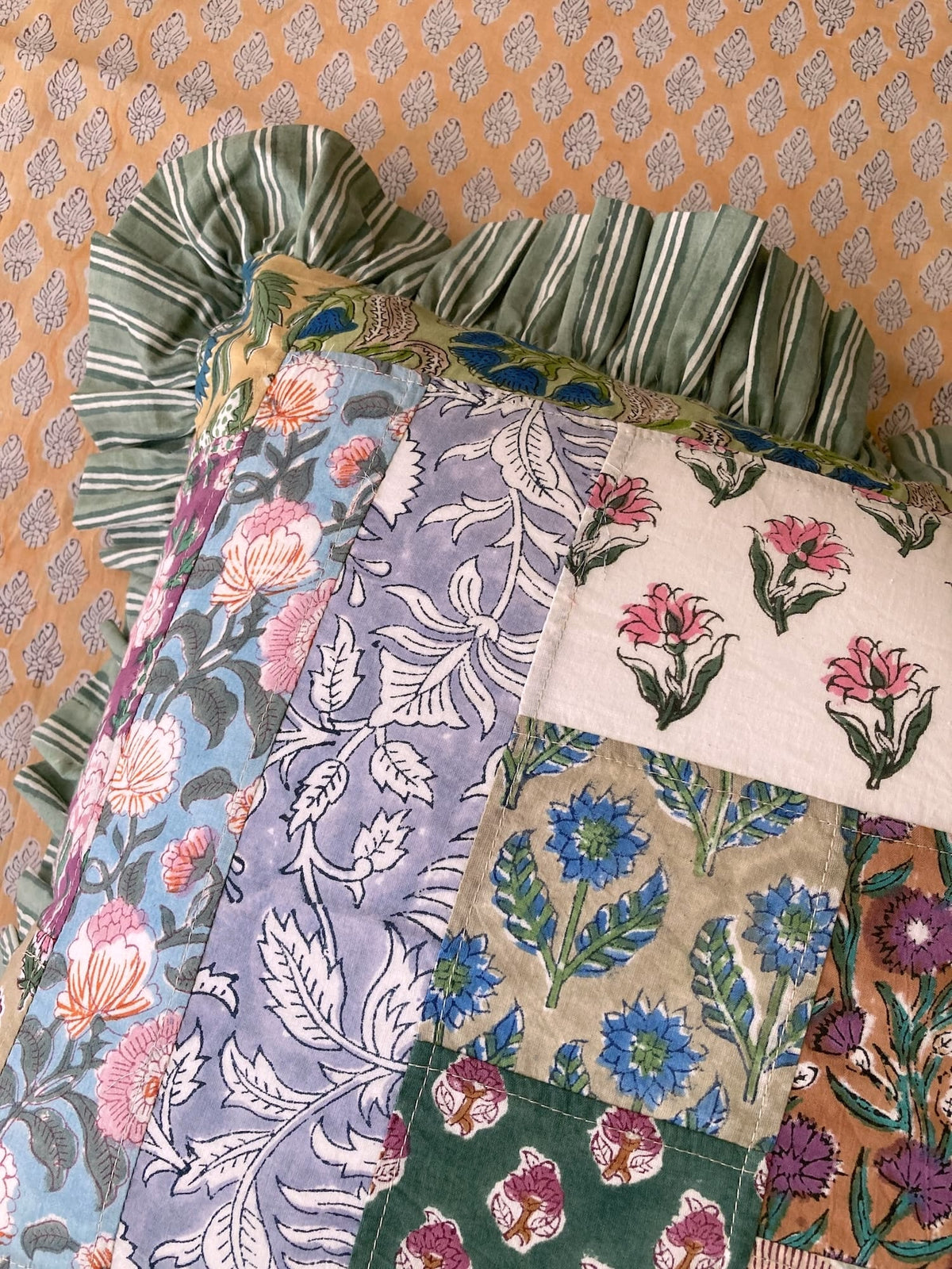 Colorful Patchwork Hand Block Print Cushion / Pillow Cover with Stripe Frills