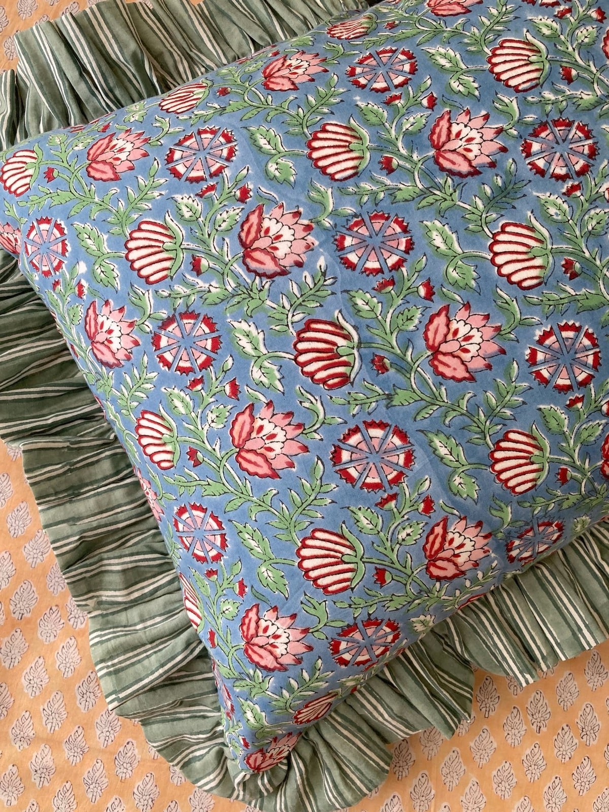Colorful Patchwork Hand Block Print Cushion / Pillow Cover with Stripe Frills