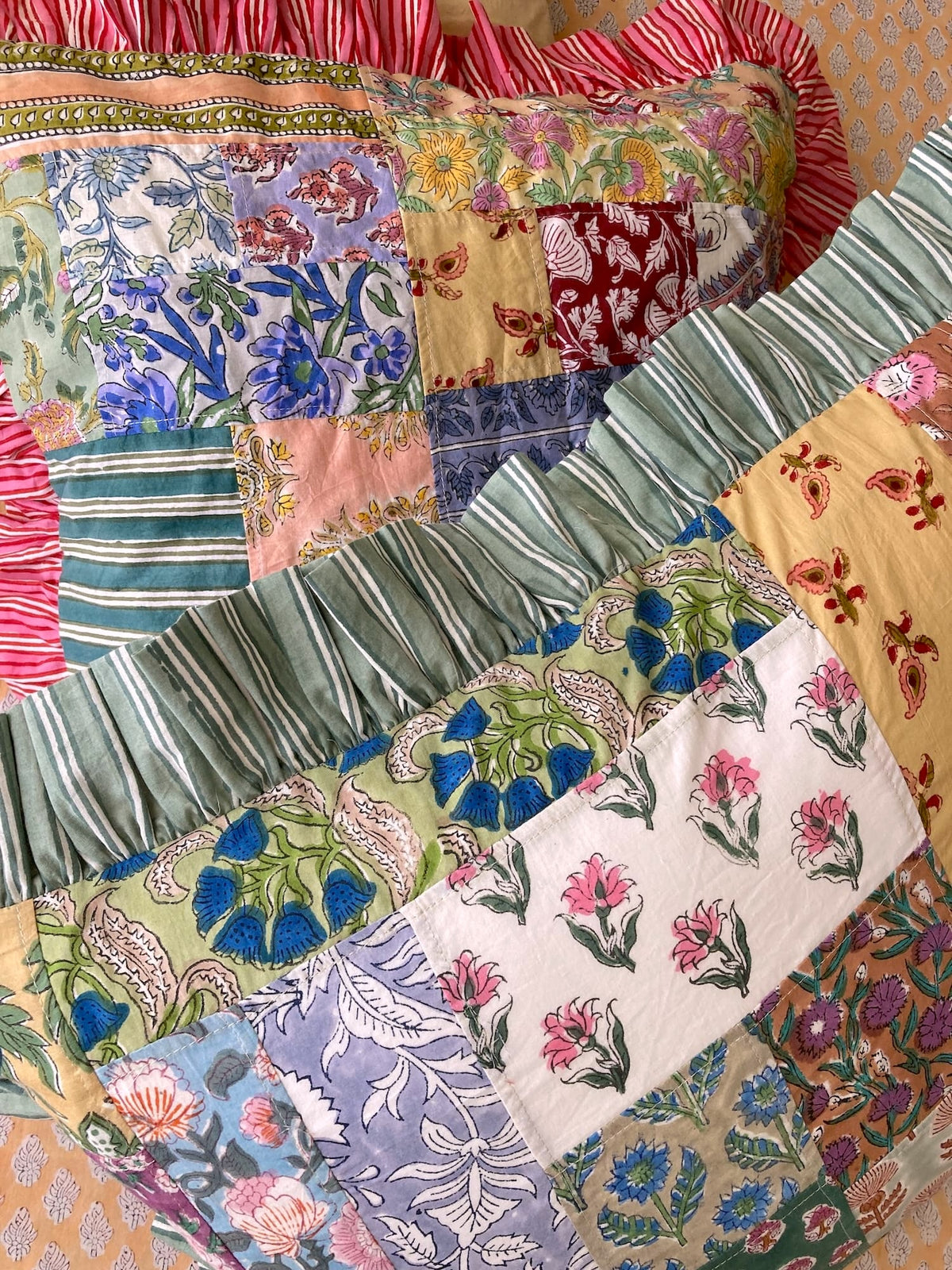 Colorful Patchwork Hand Block Print Cushion / Pillow Cover with Stripe Frills