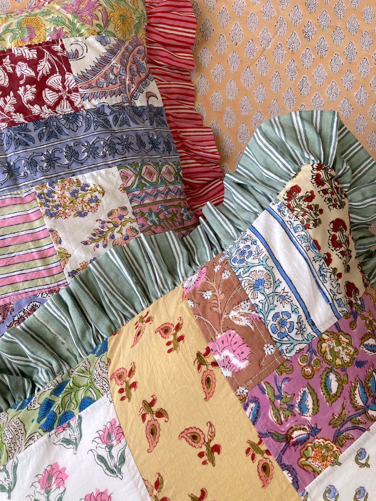 Colorful Patchwork Hand Block Print Cushion / Pillow Cover with Stripe Frills