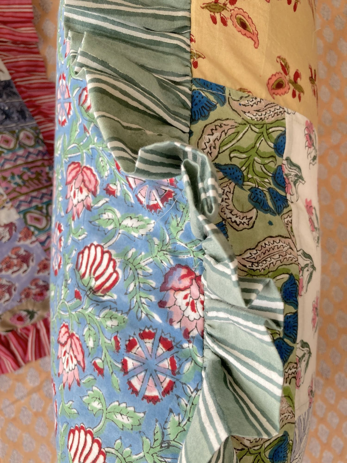 Colorful Patchwork Hand Block Print Cushion / Pillow Cover with Stripe Frills