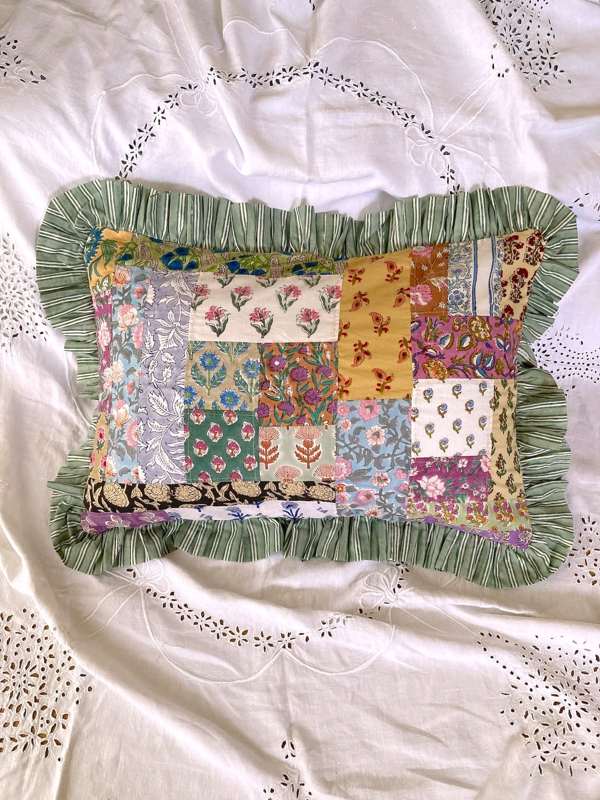 Colorful Patchwork Hand Block Print Cushion / Pillow Cover with Stripe Frills