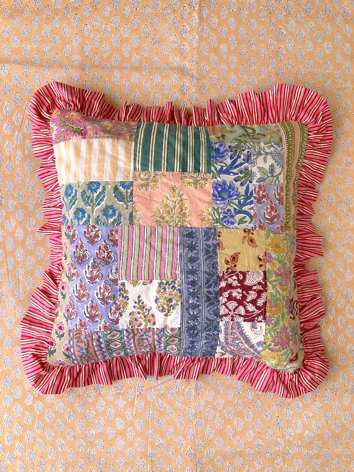 Colorful Patchwork Hand Block Print Cushion / Pillow Cover with Stripe Frills