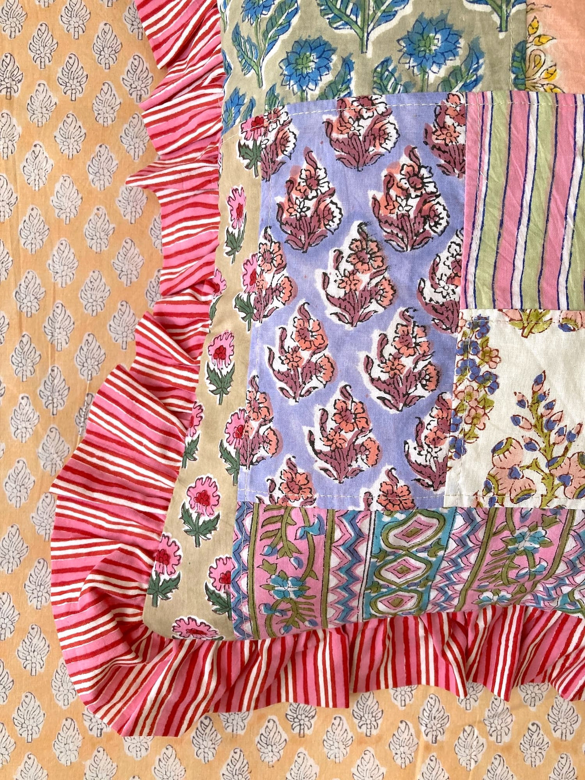 Colorful Patchwork Hand Block Print Cushion / Pillow Cover with Stripe Frills