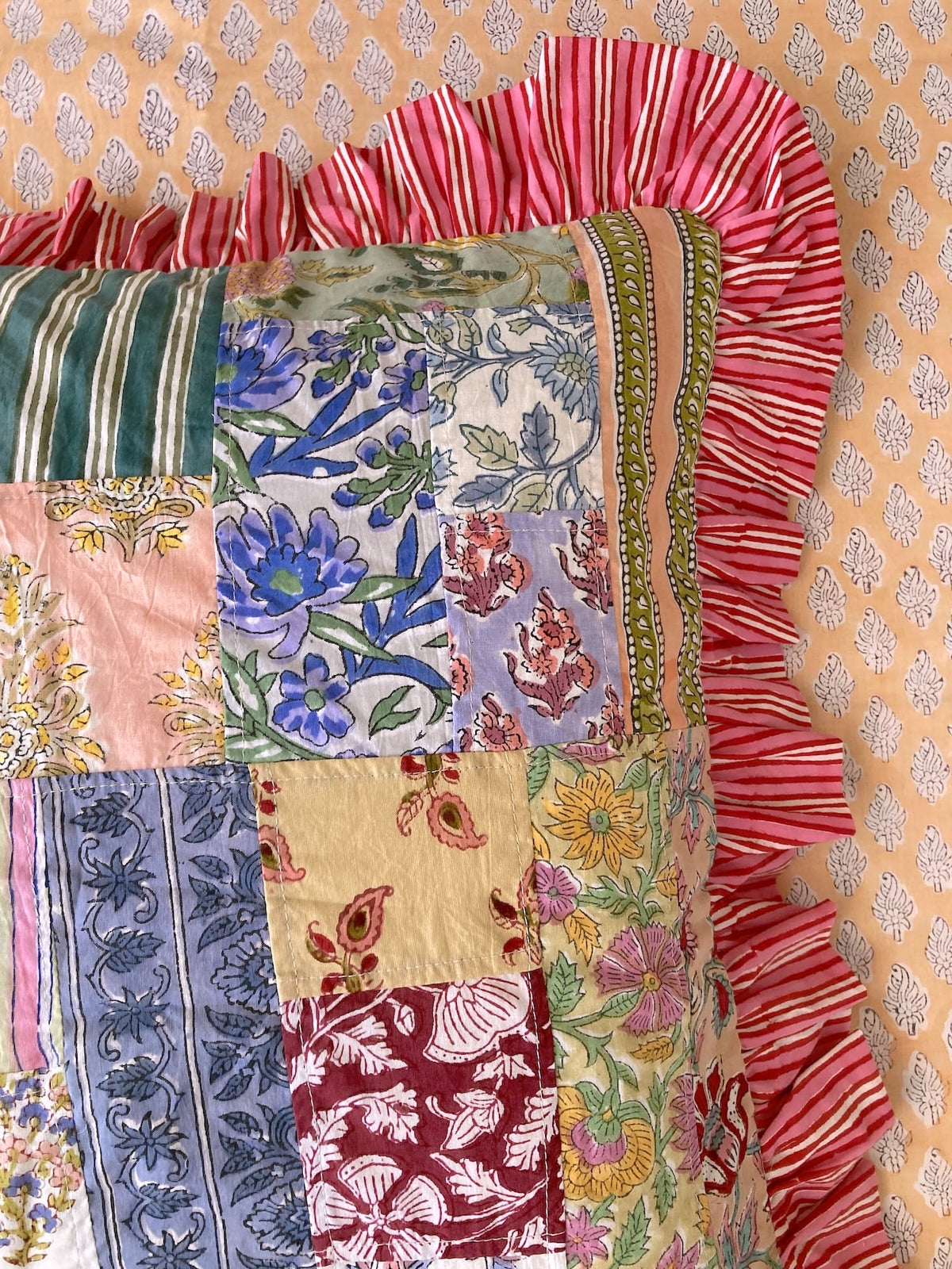 Colorful Patchwork Hand Block Print Cushion / Pillow Cover with Stripe Frills