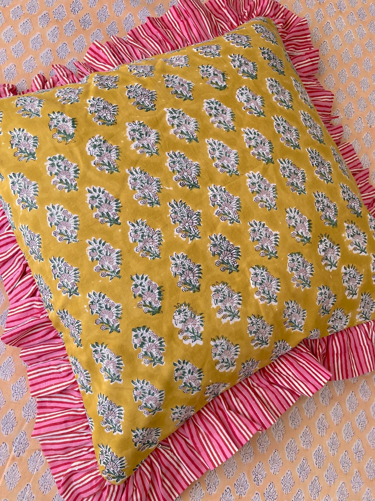 Colorful Patchwork Hand Block Print Cushion / Pillow Cover with Stripe Frills