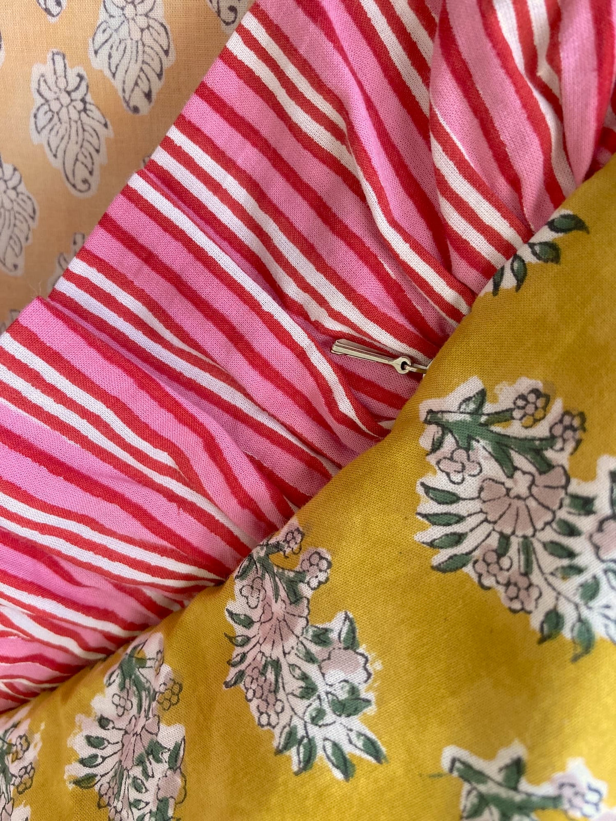 Colorful Patchwork Hand Block Print Cushion / Pillow Cover with Stripe Frills