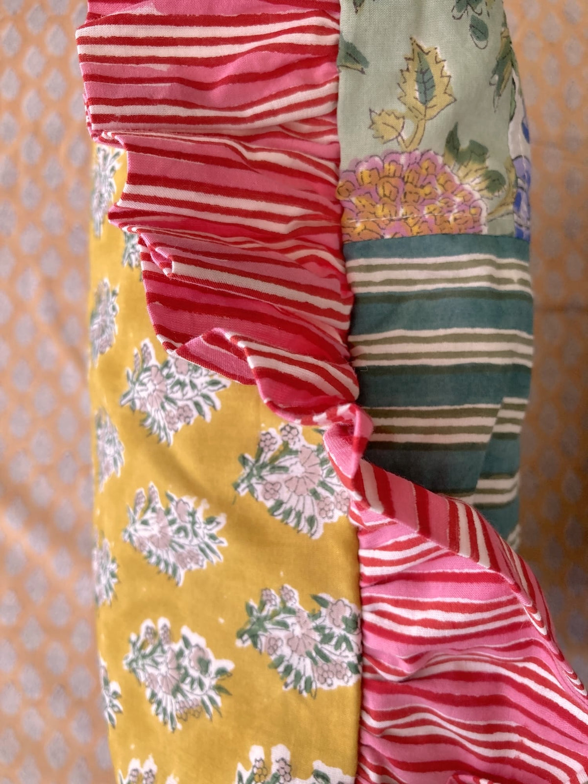 Colorful Patchwork Hand Block Print Cushion / Pillow Cover with Stripe Frills