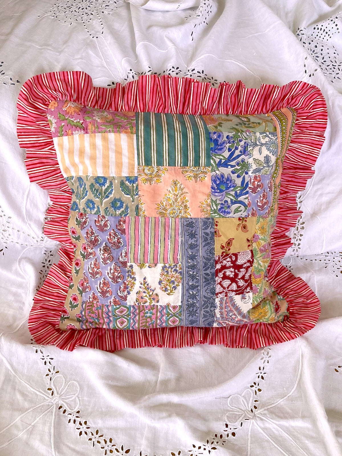 Colorful Patchwork Hand Block Print Cushion / Pillow Cover with Stripe Frills