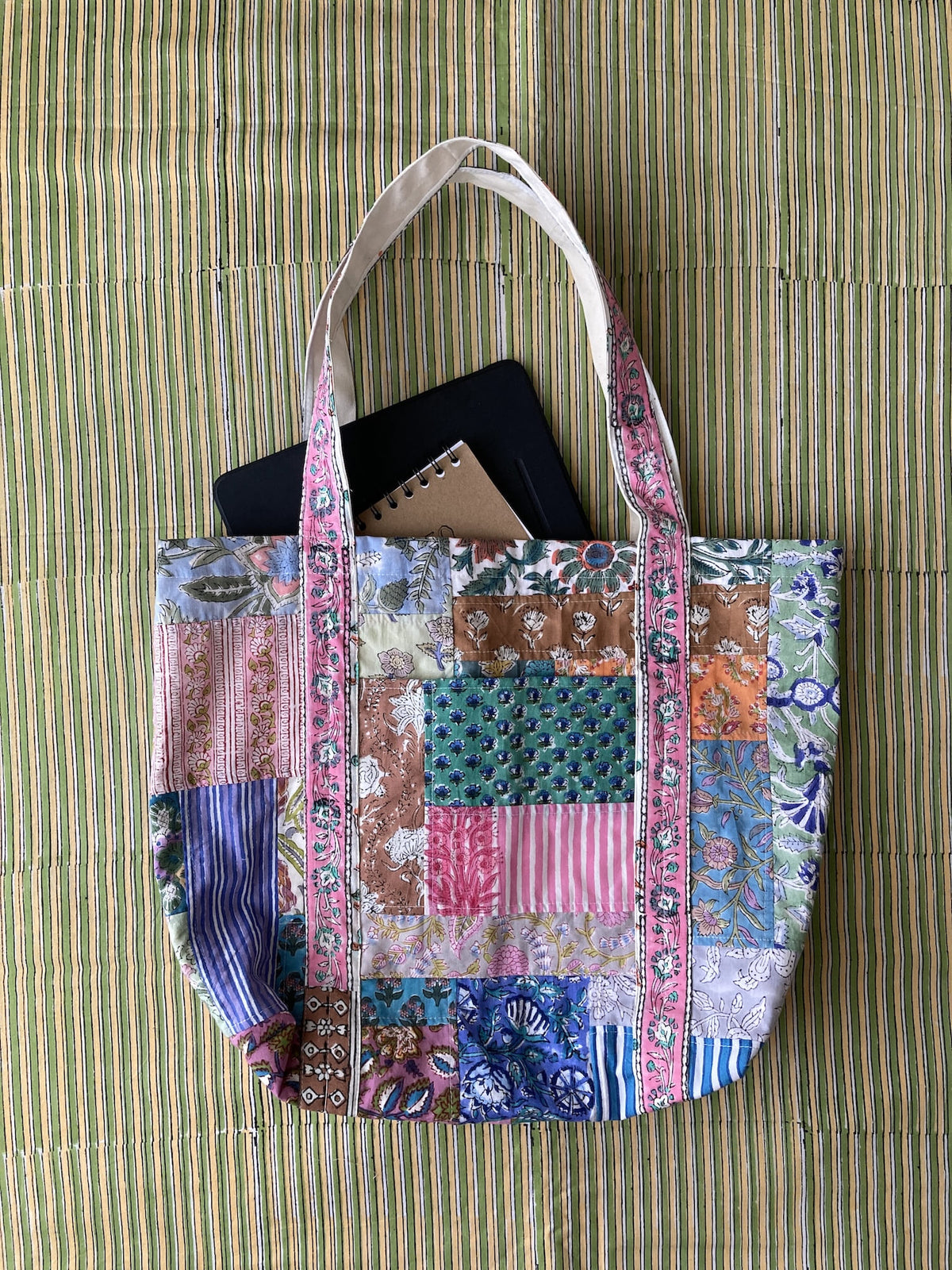 Hand Block Print Fabric Colorful Patchwork Tote Bag -Large