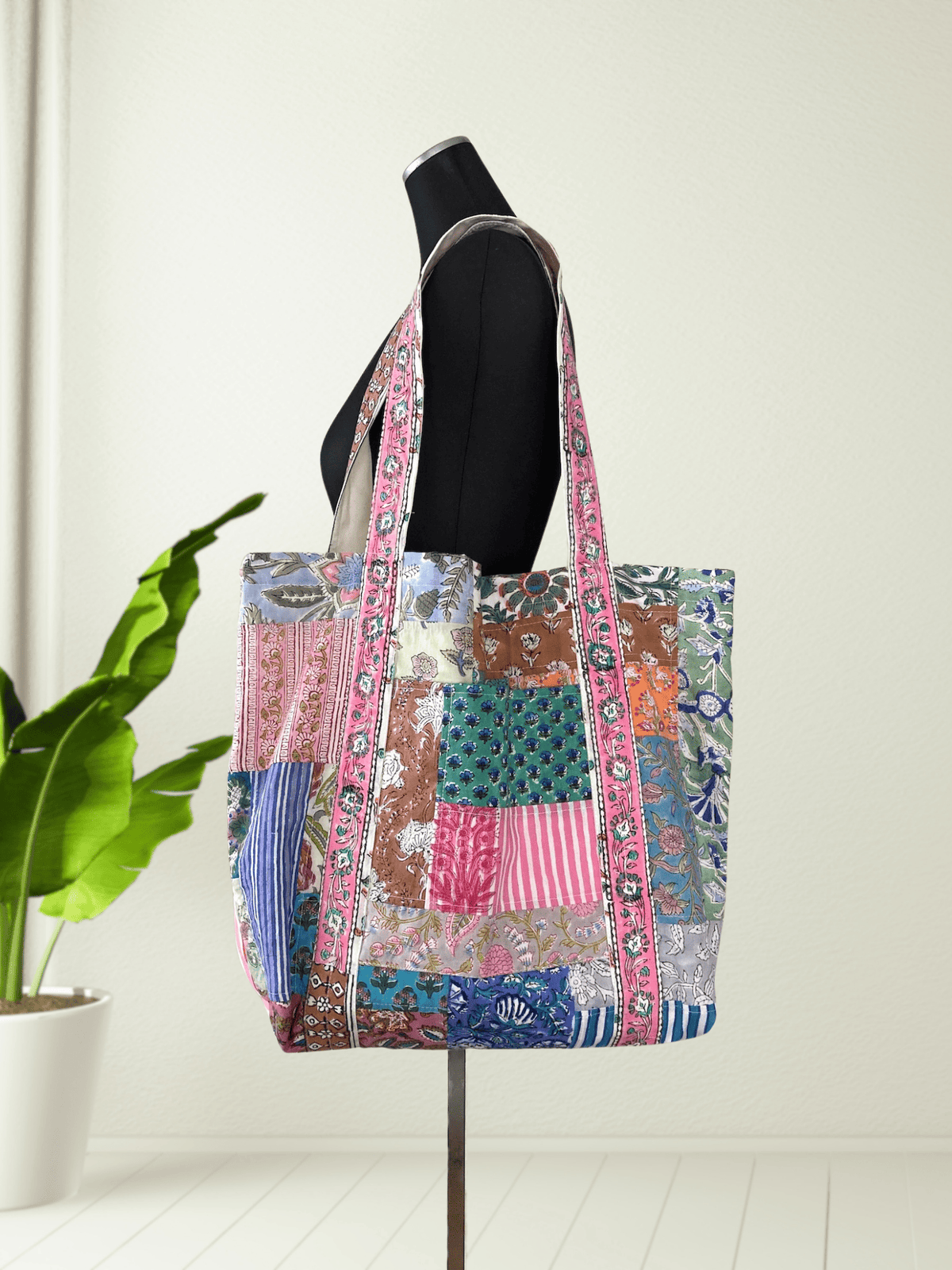 Hand Block Print Fabric Colorful Patchwork Tote Bag -Large