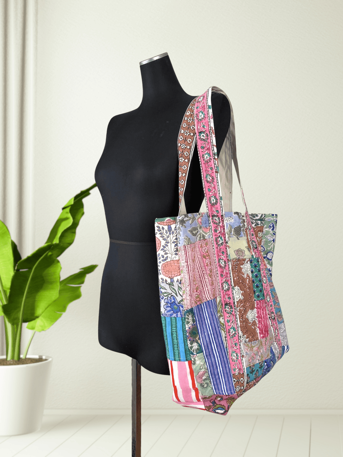 Hand Block Print Fabric Colorful Patchwork Tote Bag -Large