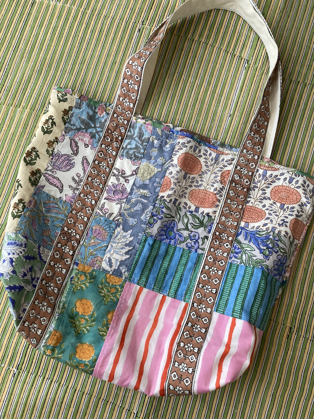 Hand Block Print Fabric Colorful Patchwork Tote Bag -Large