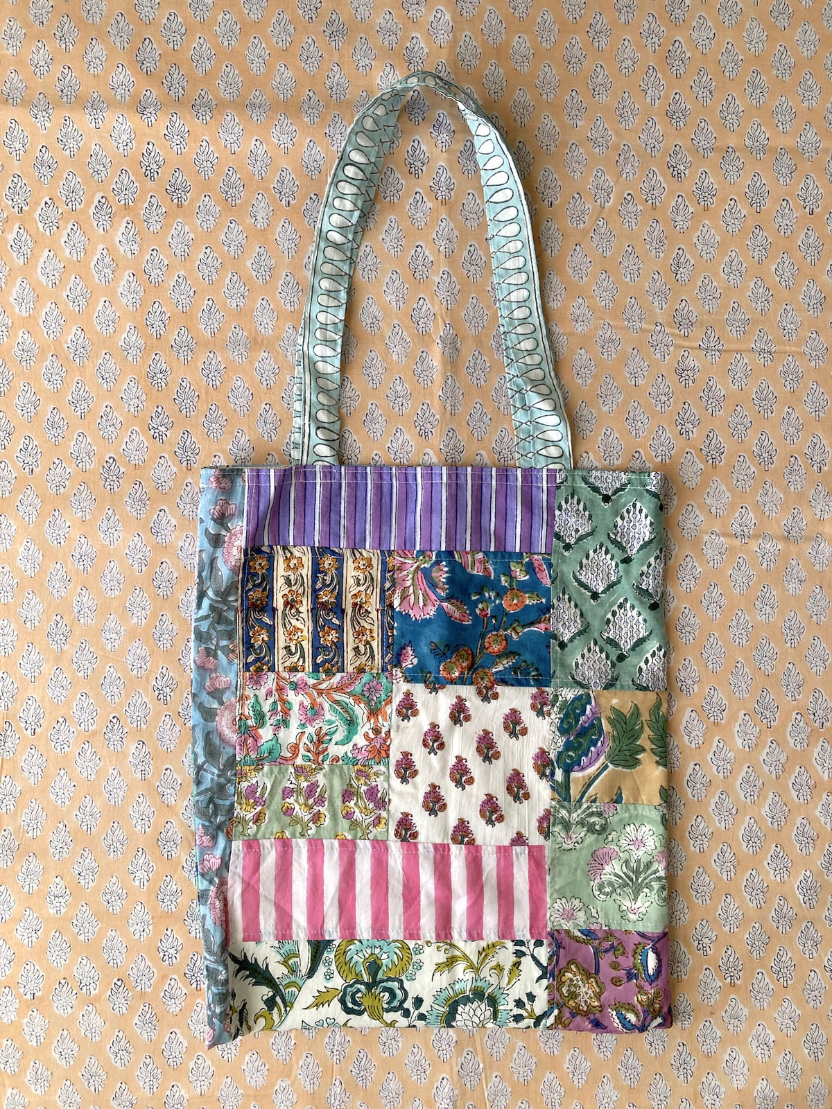 Hand Block Print Patchwork Tote Bag / Colorful Everyday Bag with Pocket