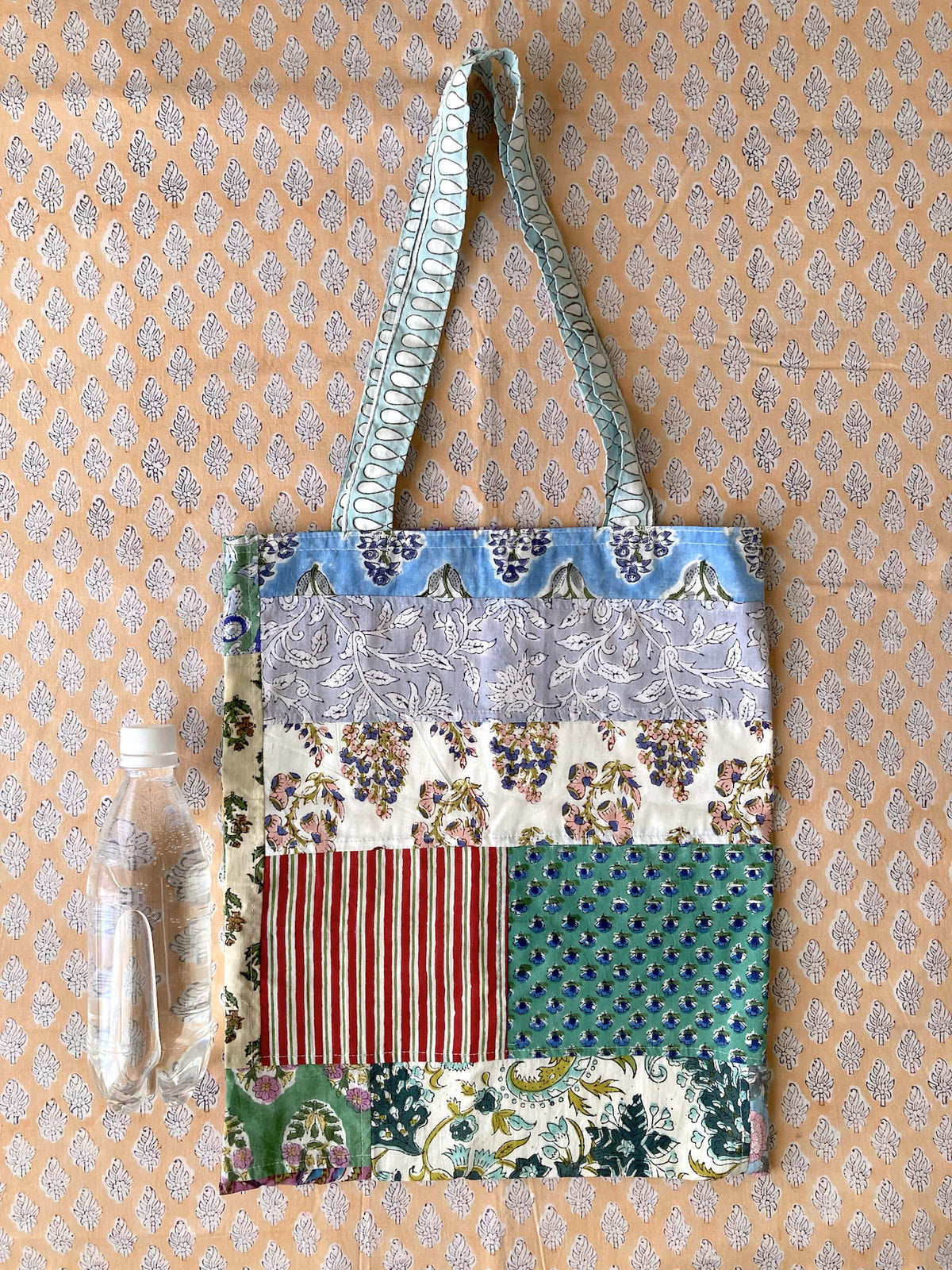 Hand Block Print Patchwork Tote Bag / Colorful Everyday Bag with Pocket