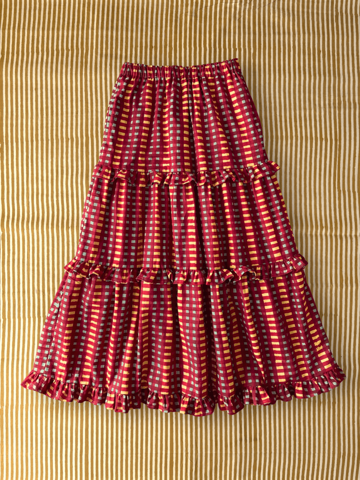 Block Print Check Tiered Skirt with Ruffle Trim