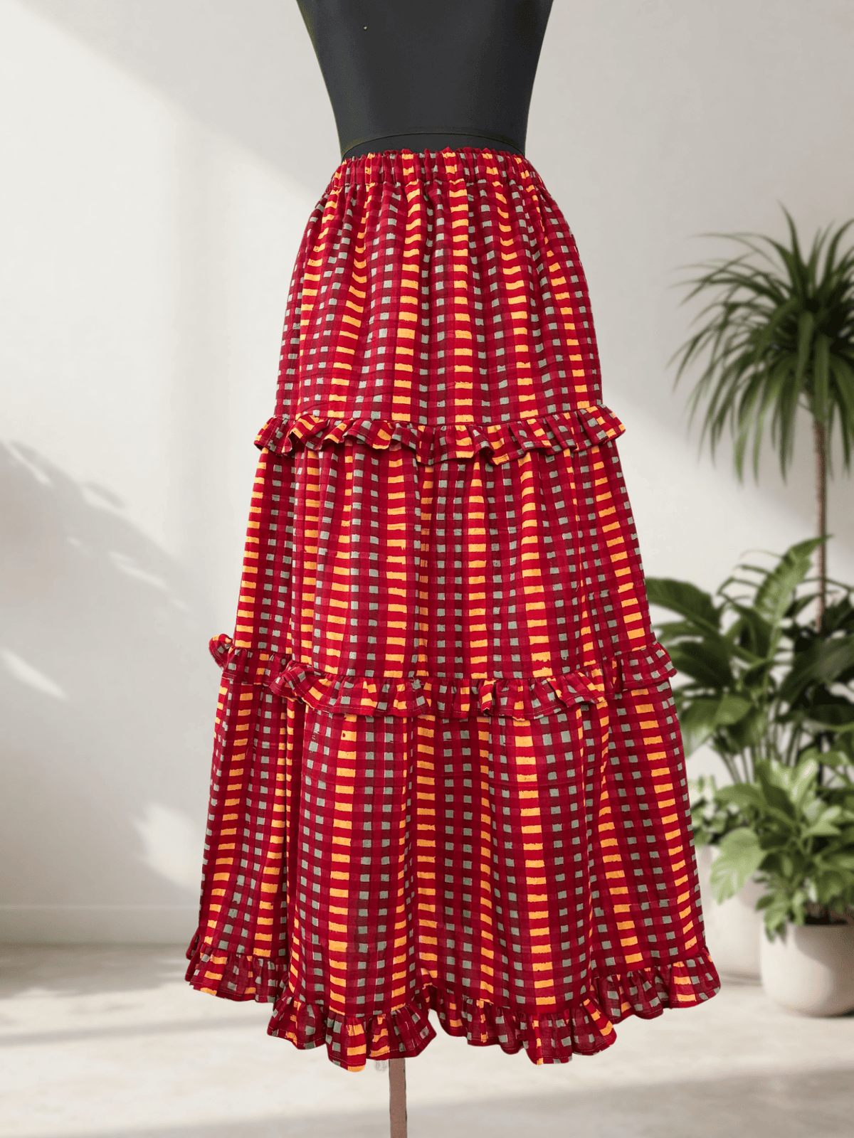 Block Print Check Tiered Skirt with Ruffle Trim