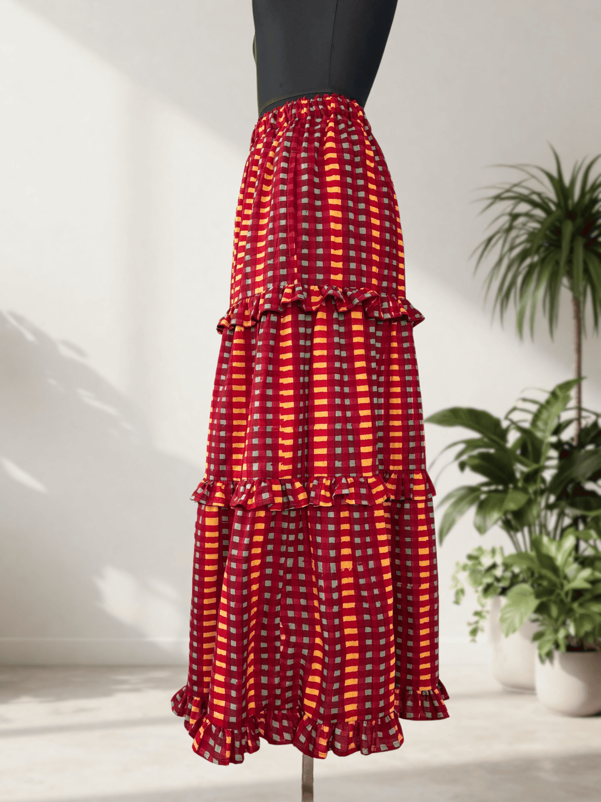 Block Print Check Tiered Skirt with Ruffle Trim