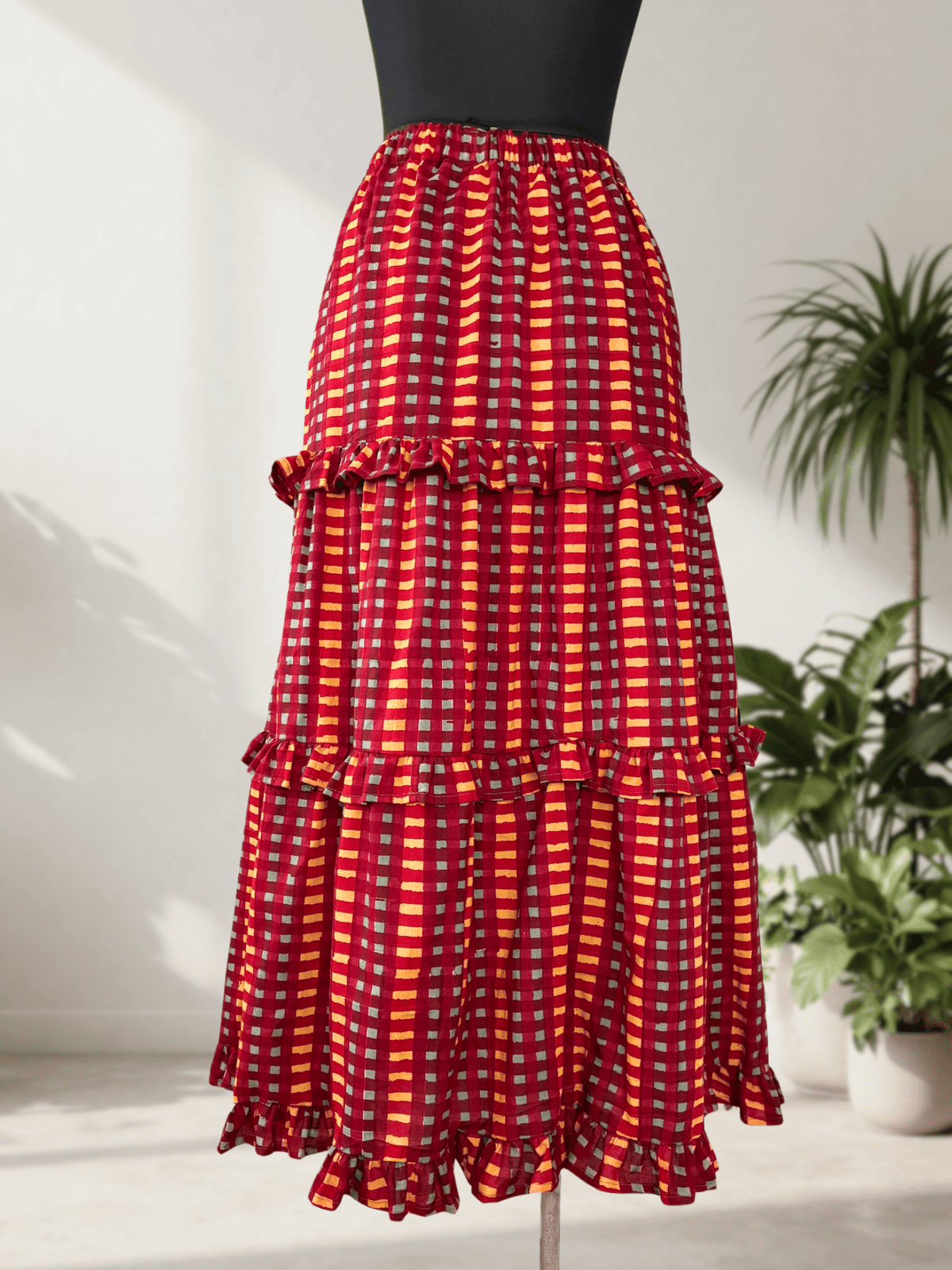 Block Print Check Tiered Skirt with Ruffle Trim