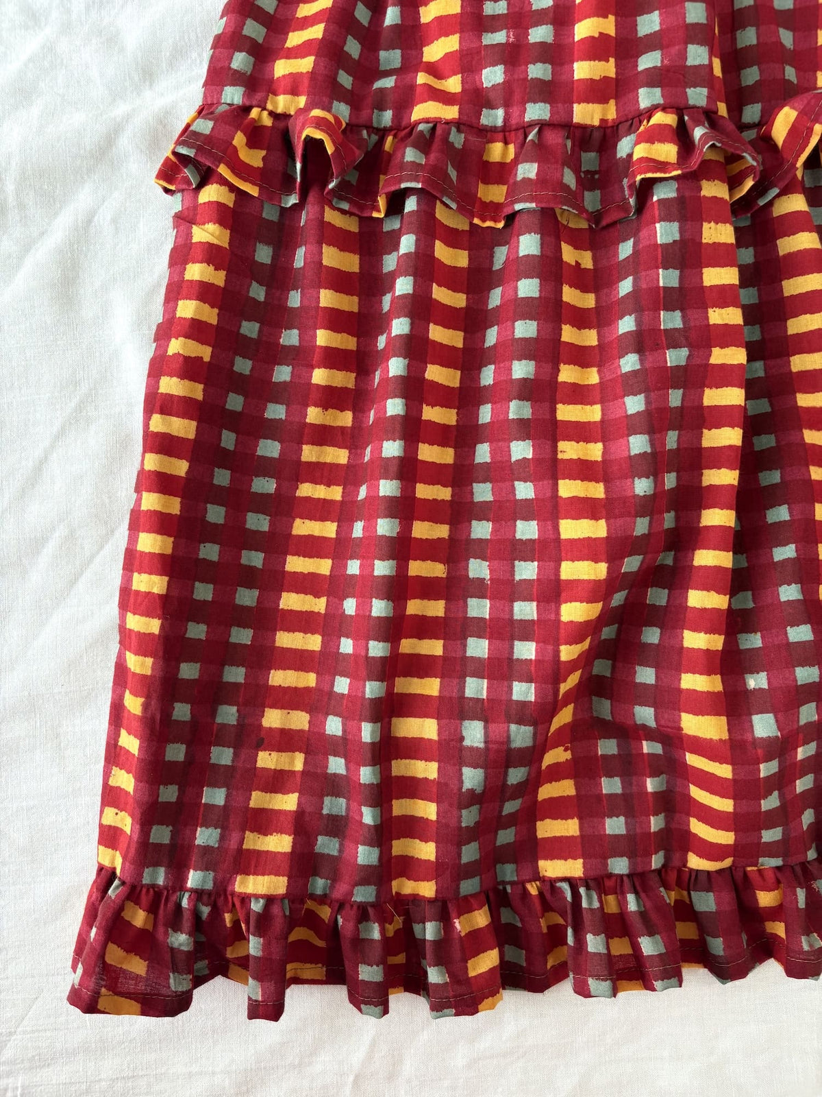 Block Print Check Tiered Skirt with Ruffle Trim