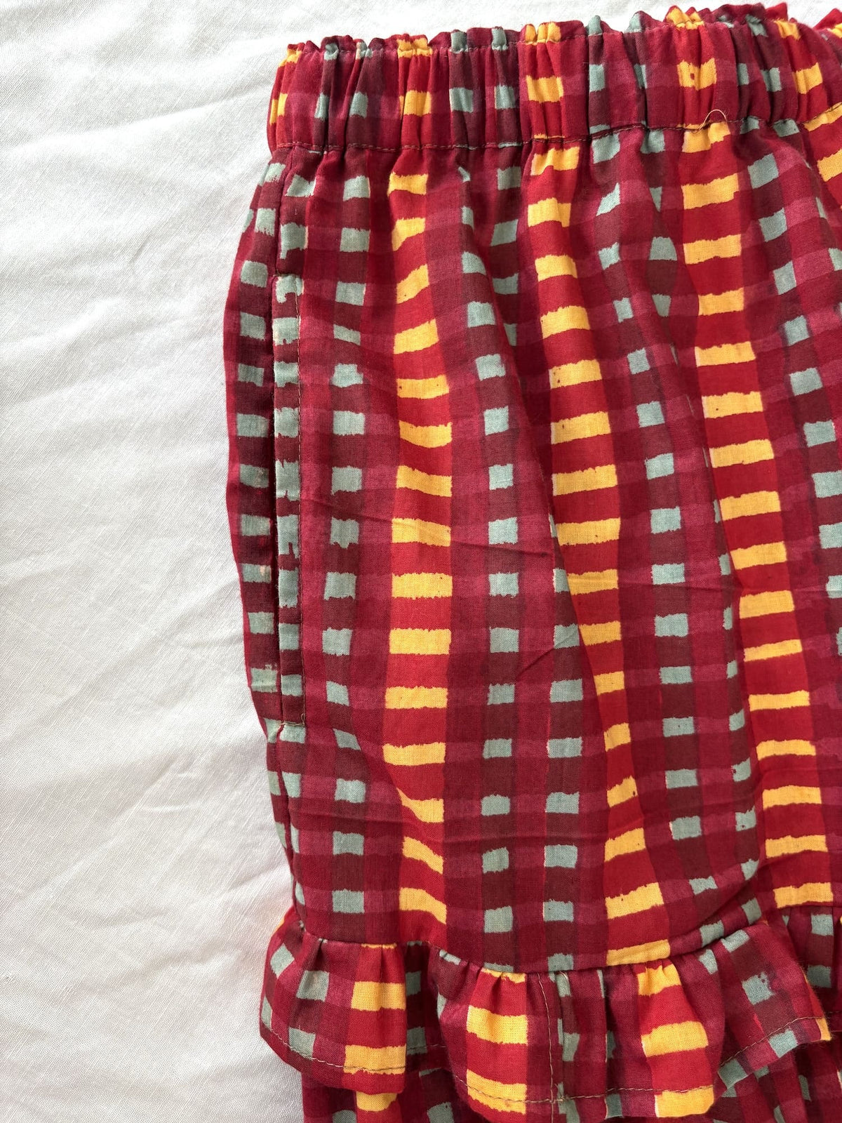 Block Print Check Tiered Skirt with Ruffle Trim