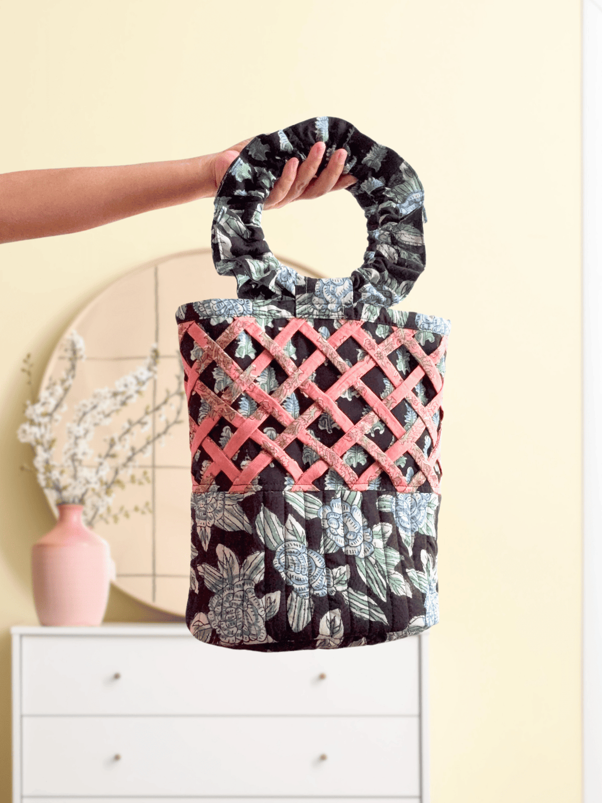 Block Print Quilted Bucket Bag with Ruched Handles & Lattice Detail