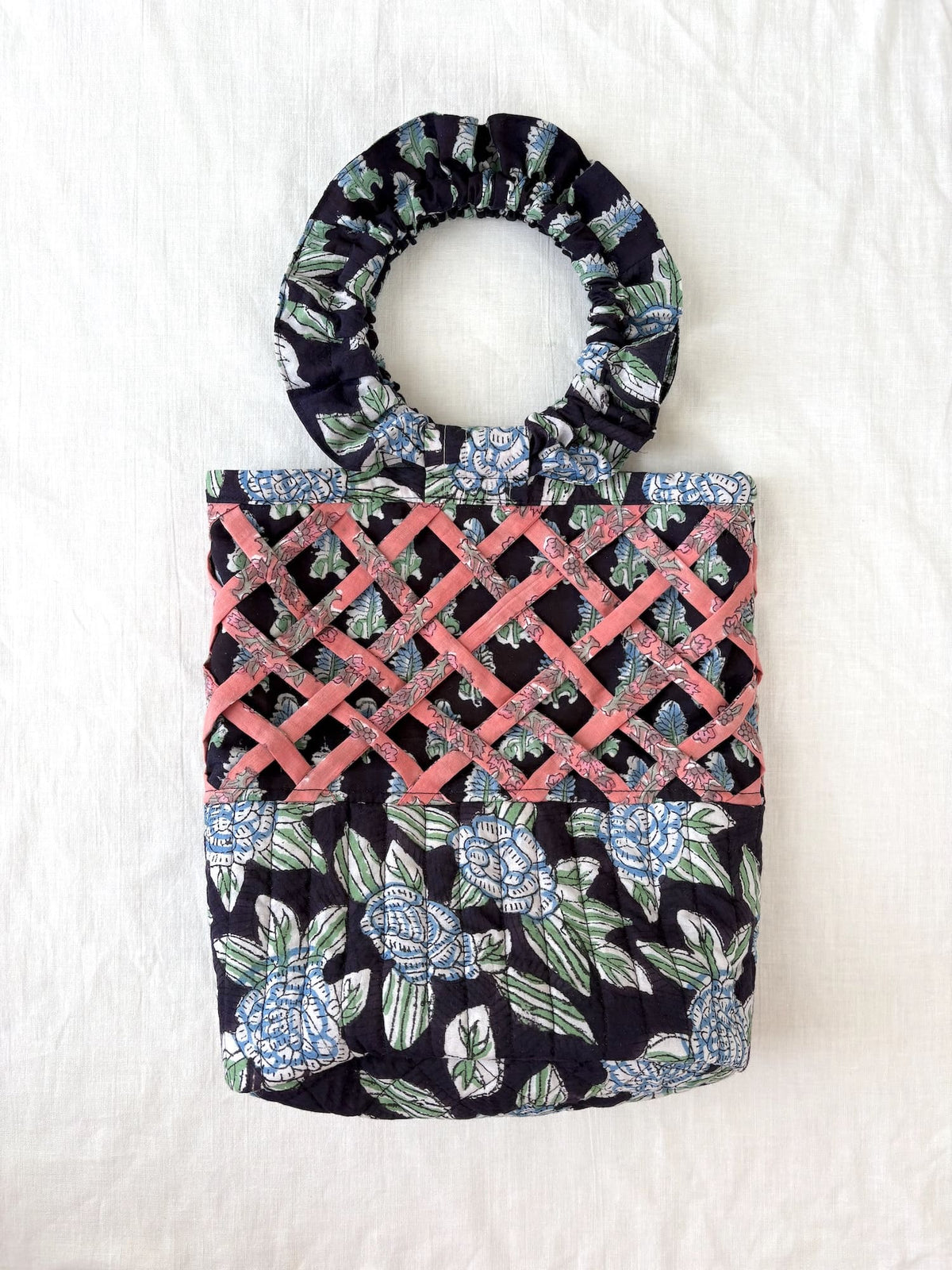 Block Print Quilted Bucket Bag with Ruched Handles & Lattice Detail