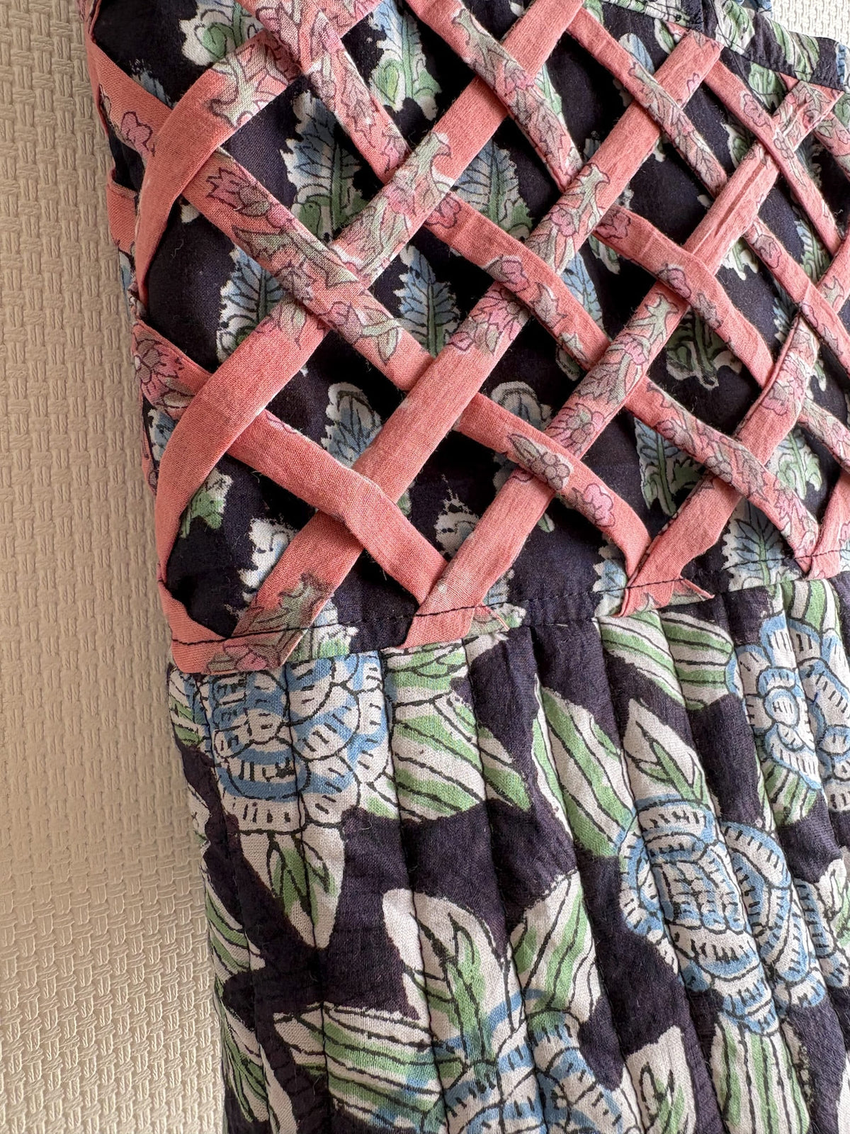 Block Print Quilted Bucket Bag with Ruched Handles & Lattice Detail